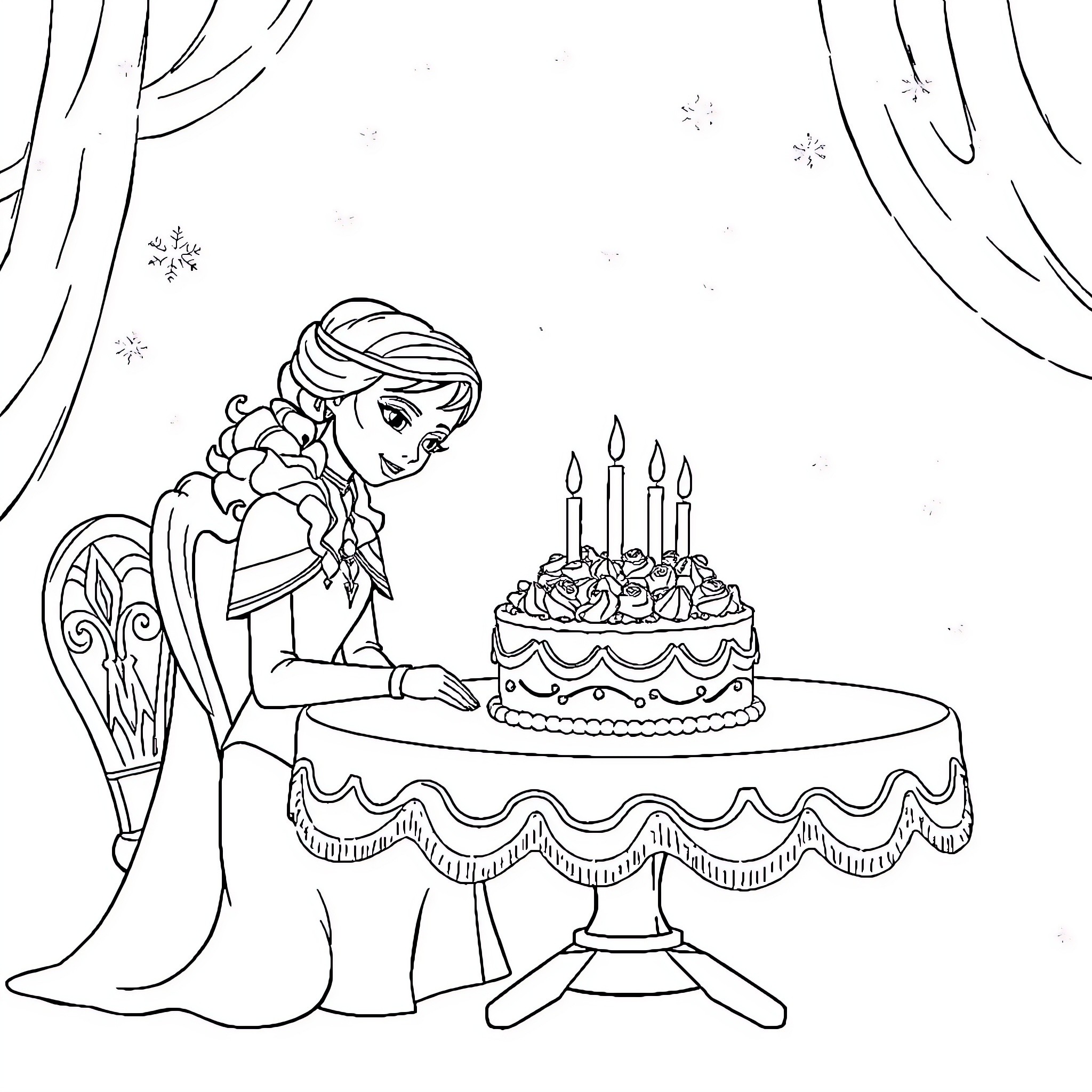 Queen Admiring Birthday Cake with Candles Coloring Page (free black-and-white line drawing printable PDF for all, from beginners to advanced learners, including children, teens, adults, and seniors)