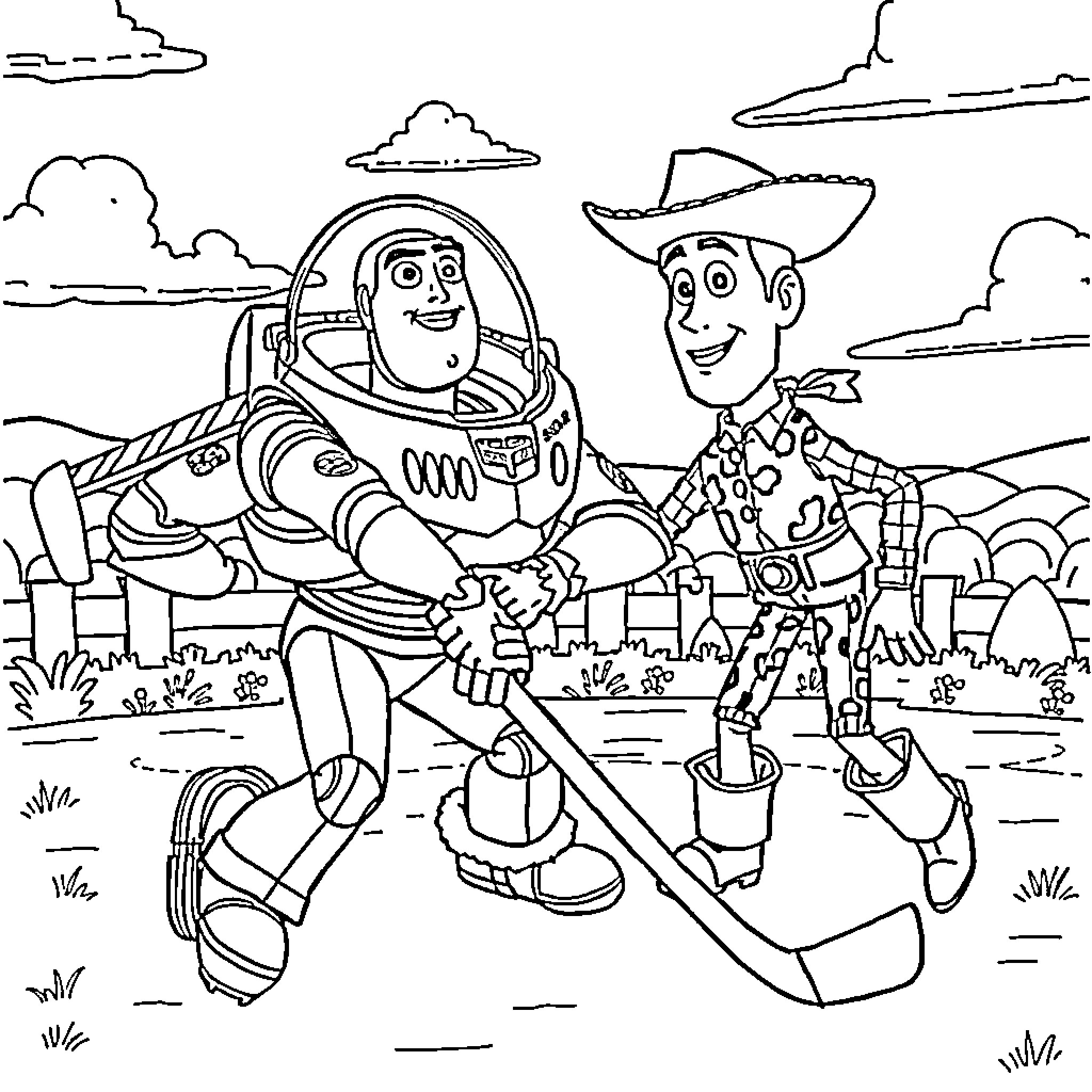Buzz Lightyear and Woody exploring an adventure scene Coloring Page (free black-and-white line drawing printable PDF for all, from beginners to advanced learners, including children, teens, adults, and seniors)