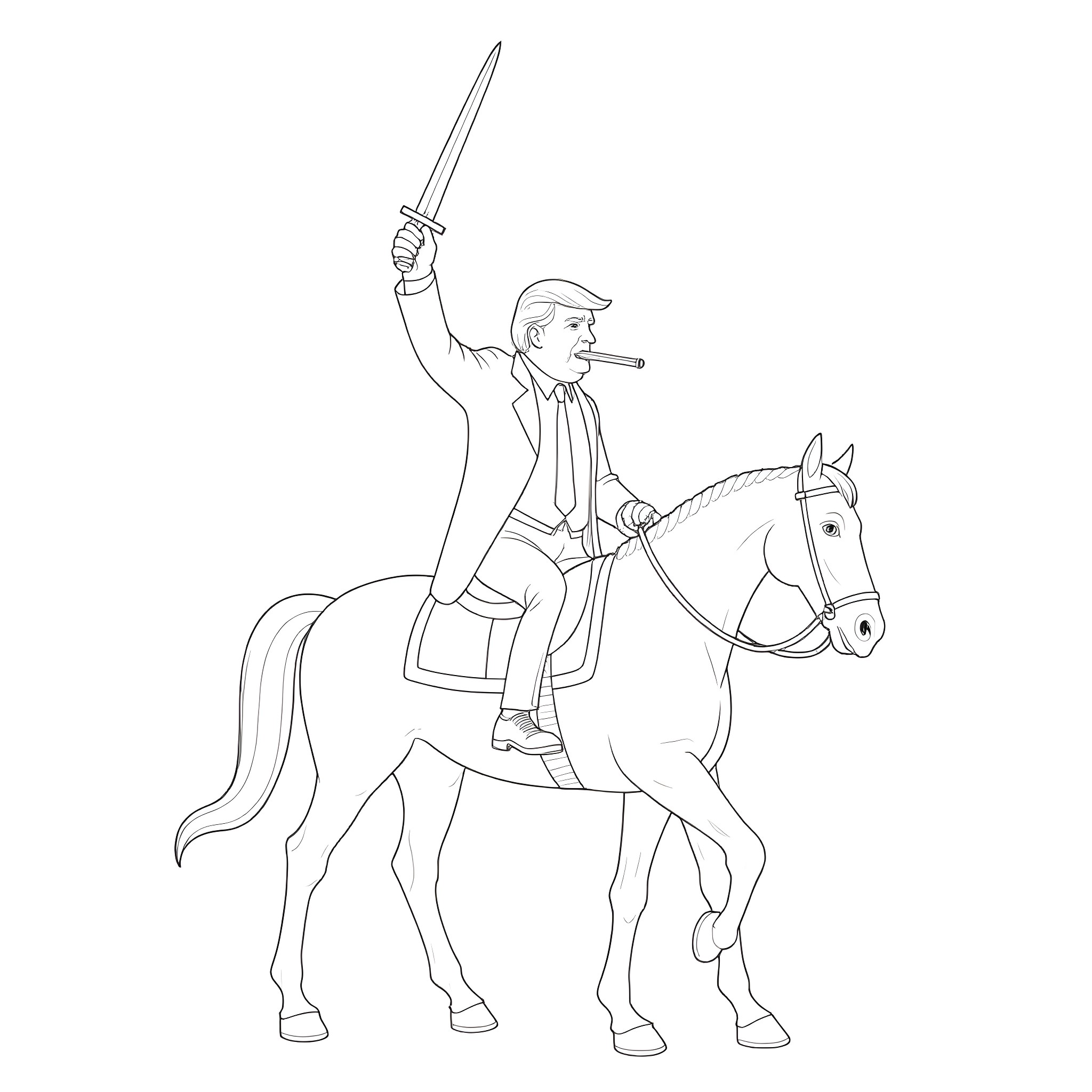 Donald Trump riding a horse and wielding a sword Coloring Page (free black-and-white line drawing printable PDF for all, from beginners to advanced learners, including children, teens, adults, and seniors)