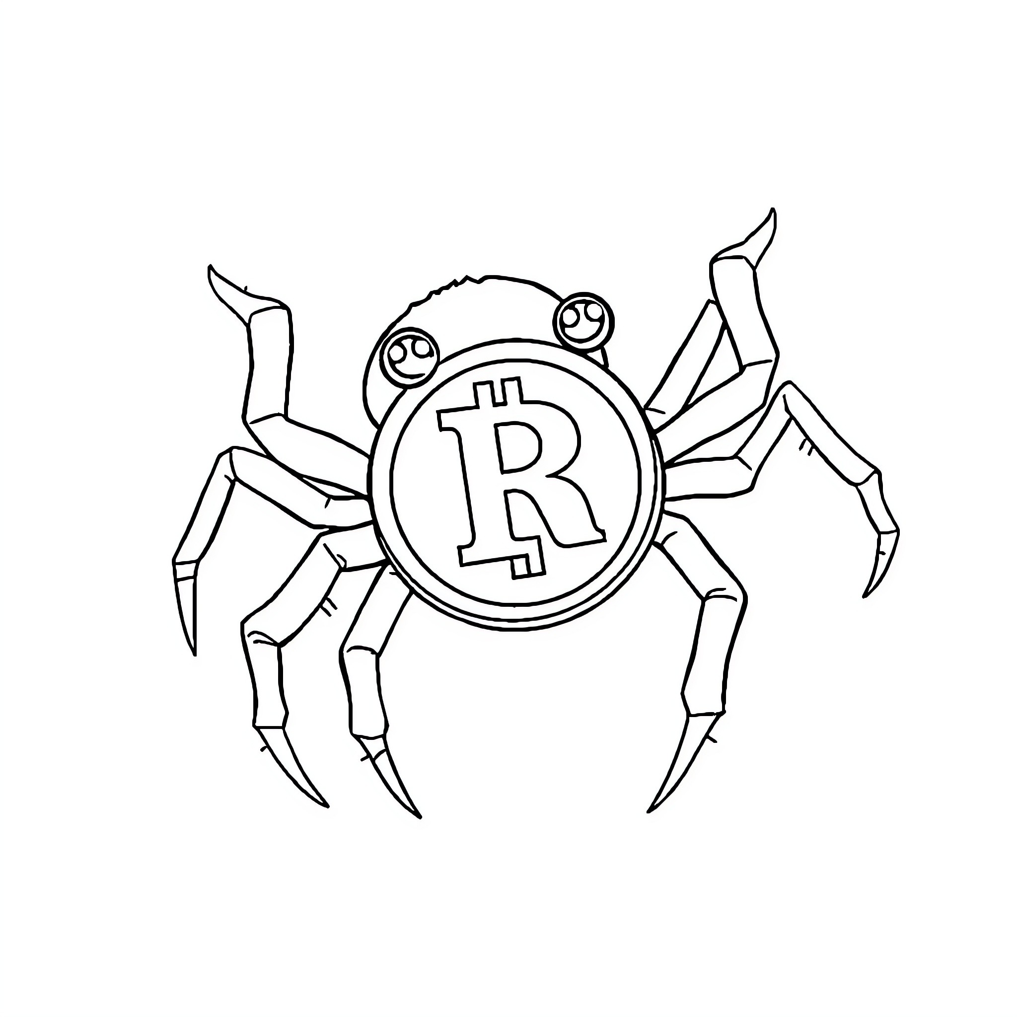 Spider-like Cryptocurrency Symbol Crawling Coloring Page (free black-and-white line drawing printable PDF for all, from beginners to advanced learners, including children, teens, adults, and seniors)