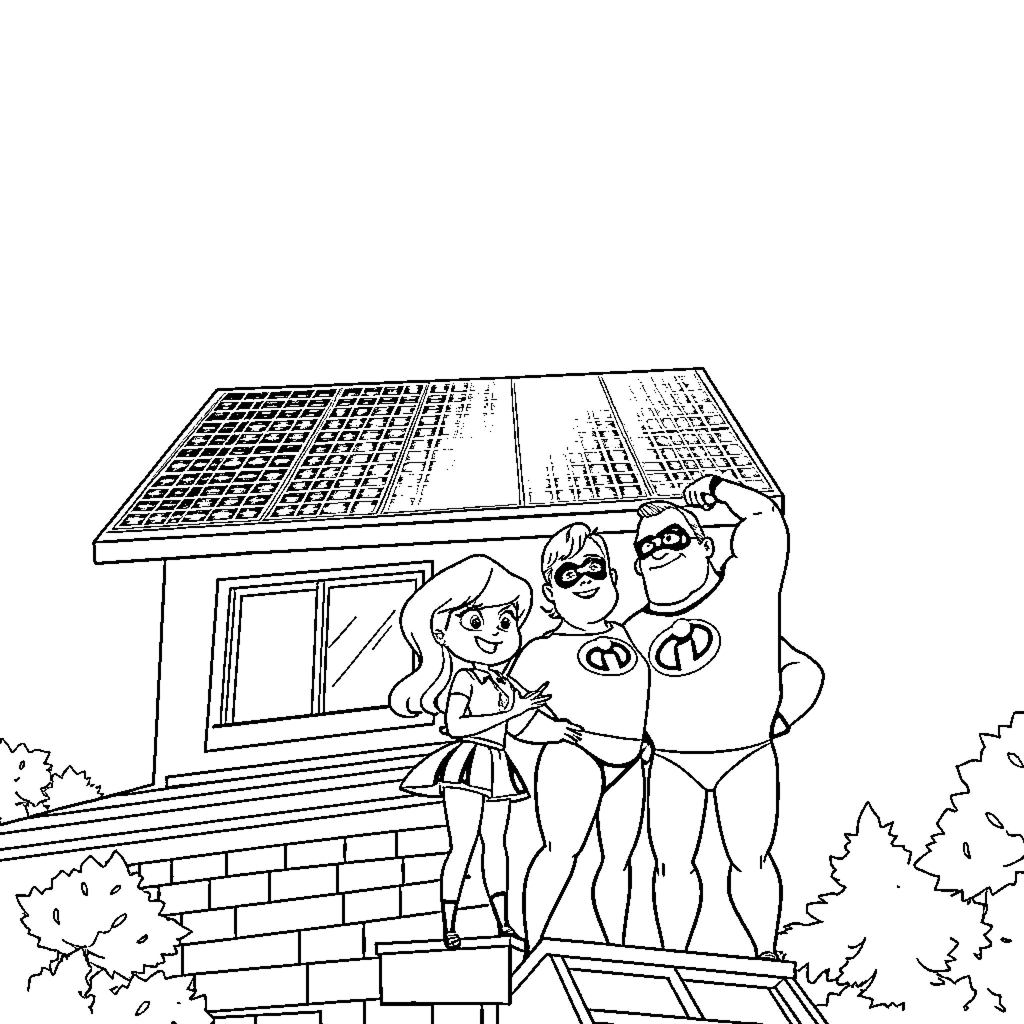 Incredibles family in superhero costumes posing in front of their home Coloring Page (free black-and-white line drawing printable PDF for all, from beginners to advanced learners, including children, teens, adults, and seniors)