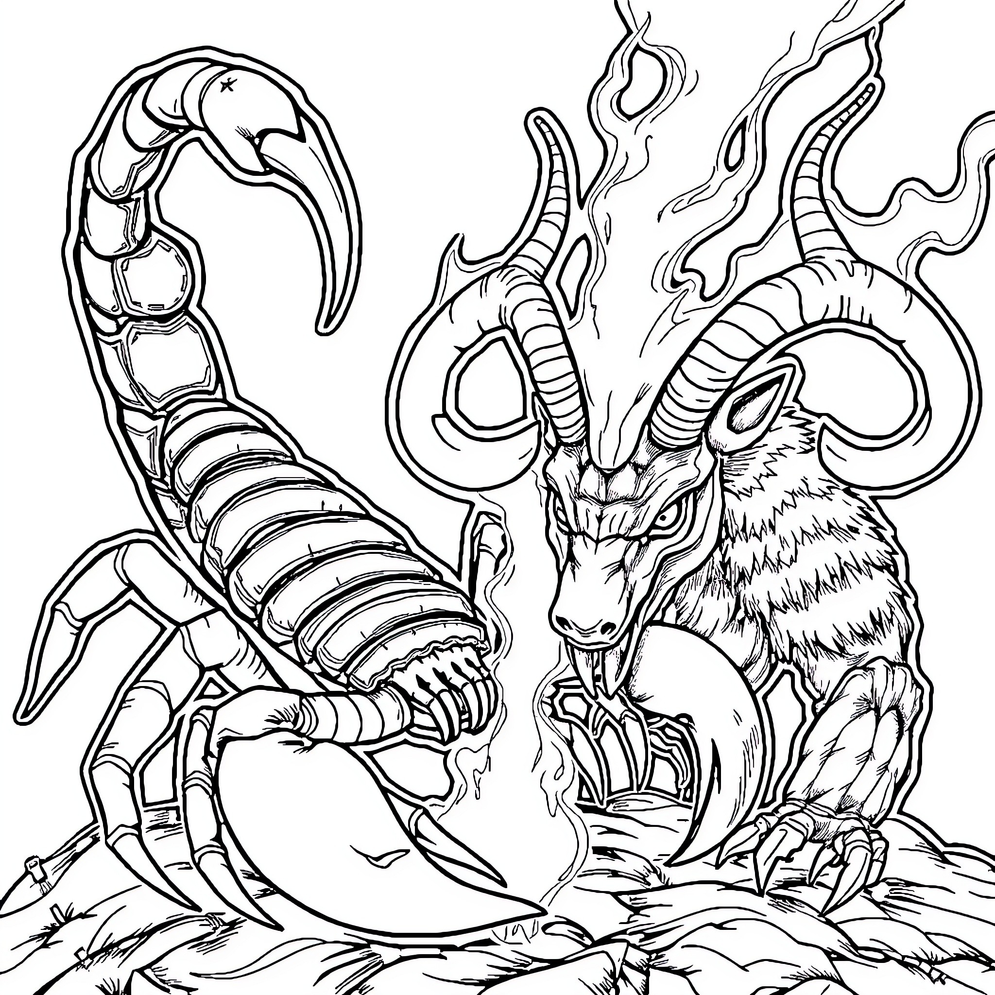Scorpion-like creature with demonic horns and claws Coloring Page (free black-and-white line drawing printable PDF for all, from beginners to advanced learners, including children, teens, adults, and seniors)