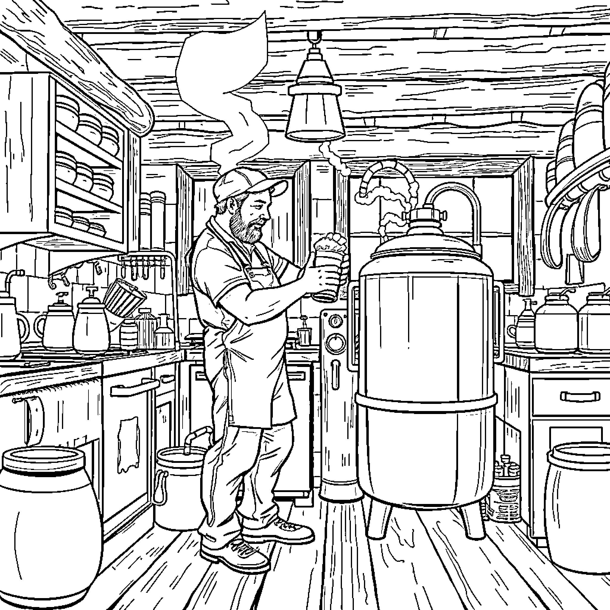 Homebrewer working diligently in rustic kitchen setting Coloring Page (free black-and-white line drawing printable PDF for all, from beginners to advanced learners, including children, teens, adults, and seniors)