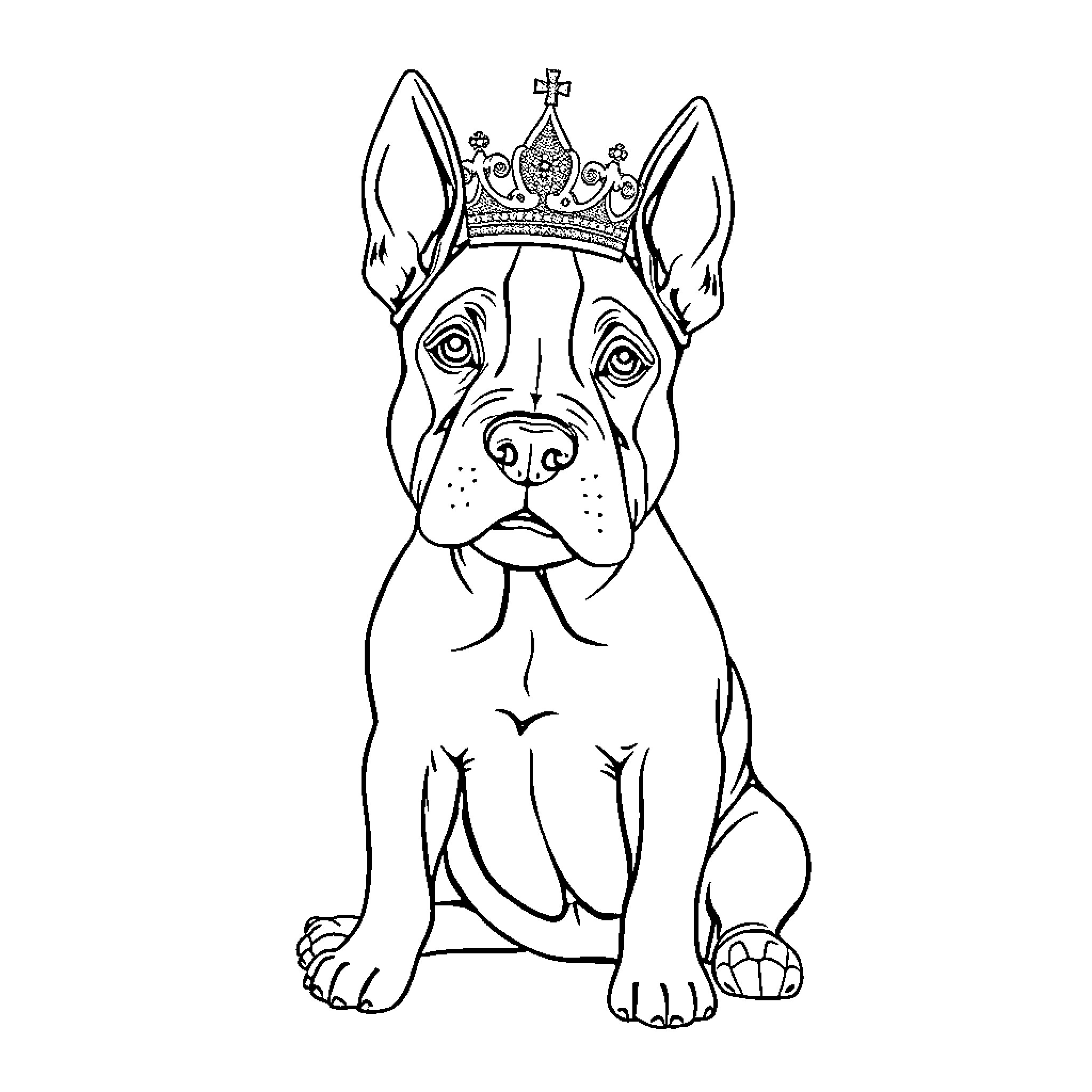 Bullterrier wearing a crown Coloring Page (free black-and-white line drawing printable PDF for all, from beginners to advanced learners, including children, teens, adults, and seniors)