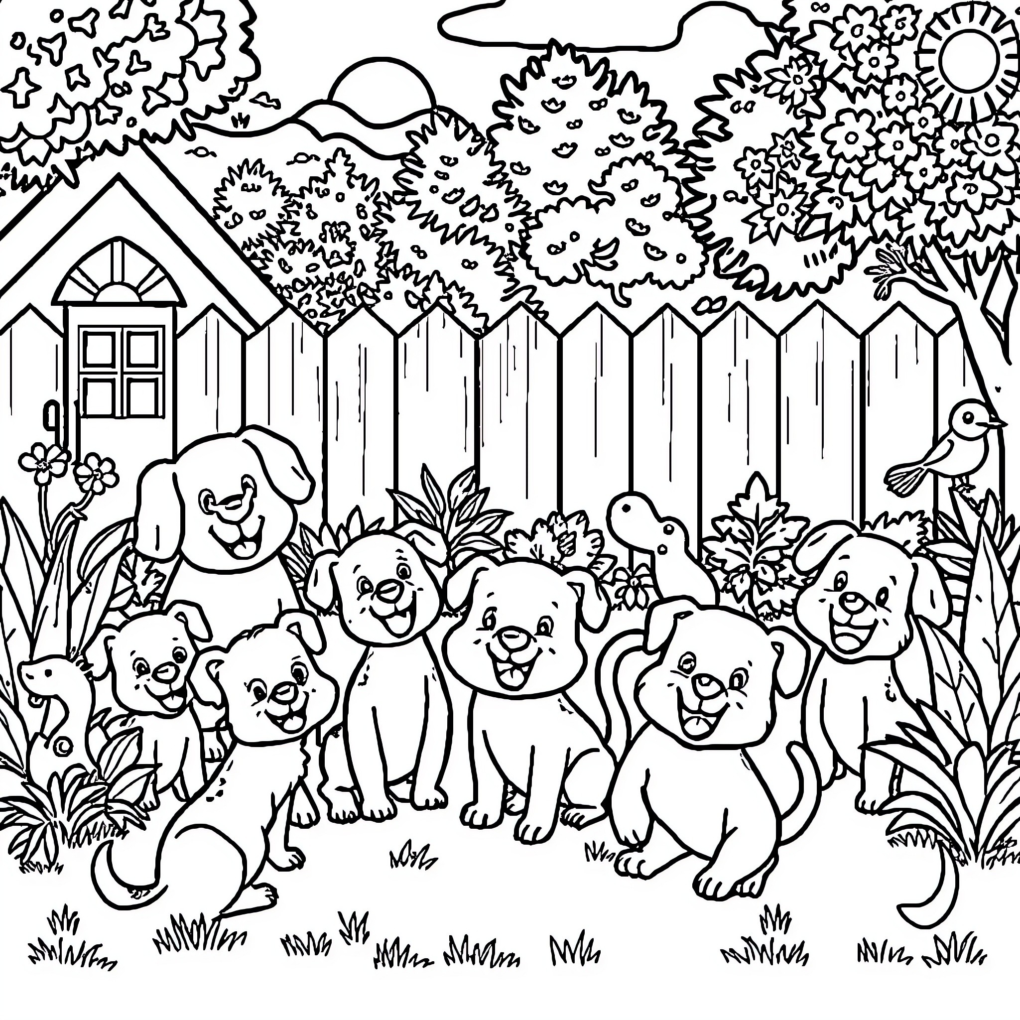 Pet Dogs Happily Frolicking in a Backyard Garden Coloring Page (free black-and-white line drawing printable PDF for all, from beginners to advanced learners, including children, teens, adults, and seniors)