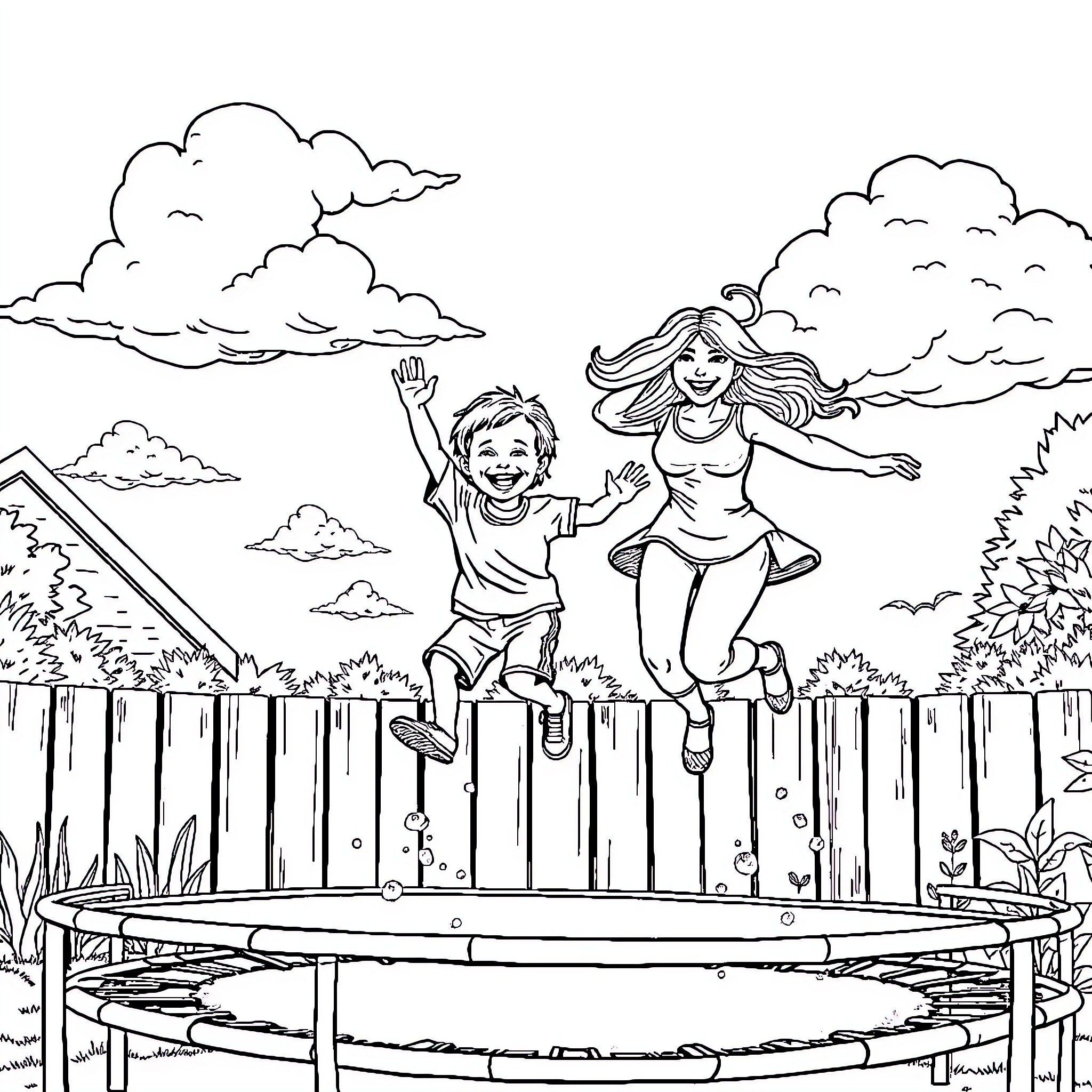 Mom and child joyfully jumping on trampoline in backyard Coloring Page (free black-and-white line drawing printable PDF for all, from beginners to advanced learners, including children, teens, adults, and seniors)