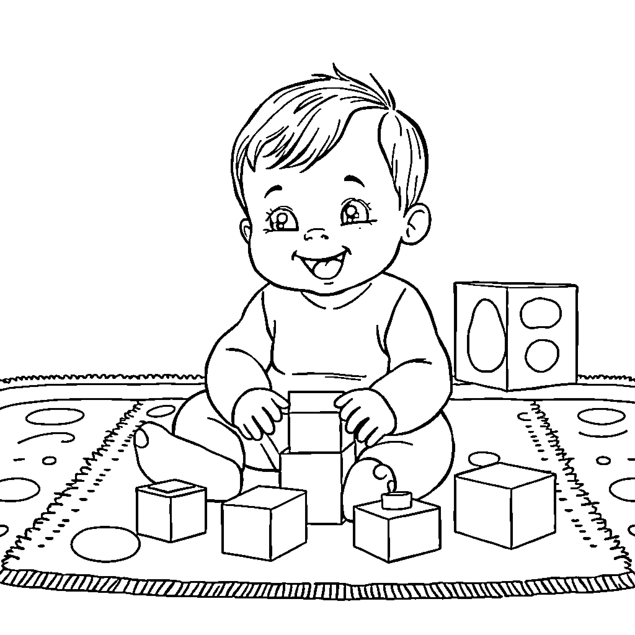 Baby playing happily with building blocks Coloring Page (free black-and-white line drawing printable PDF for all, from beginners to advanced learners, including children, teens, adults, and seniors)