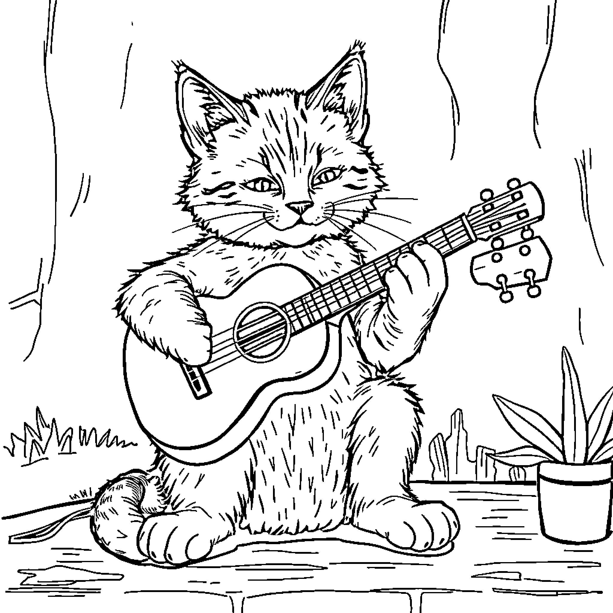 Gato playing guitar in the garden Coloring Page (free black-and-white line drawing printable PDF for all, from beginners to advanced learners, including children, teens, adults, and seniors)