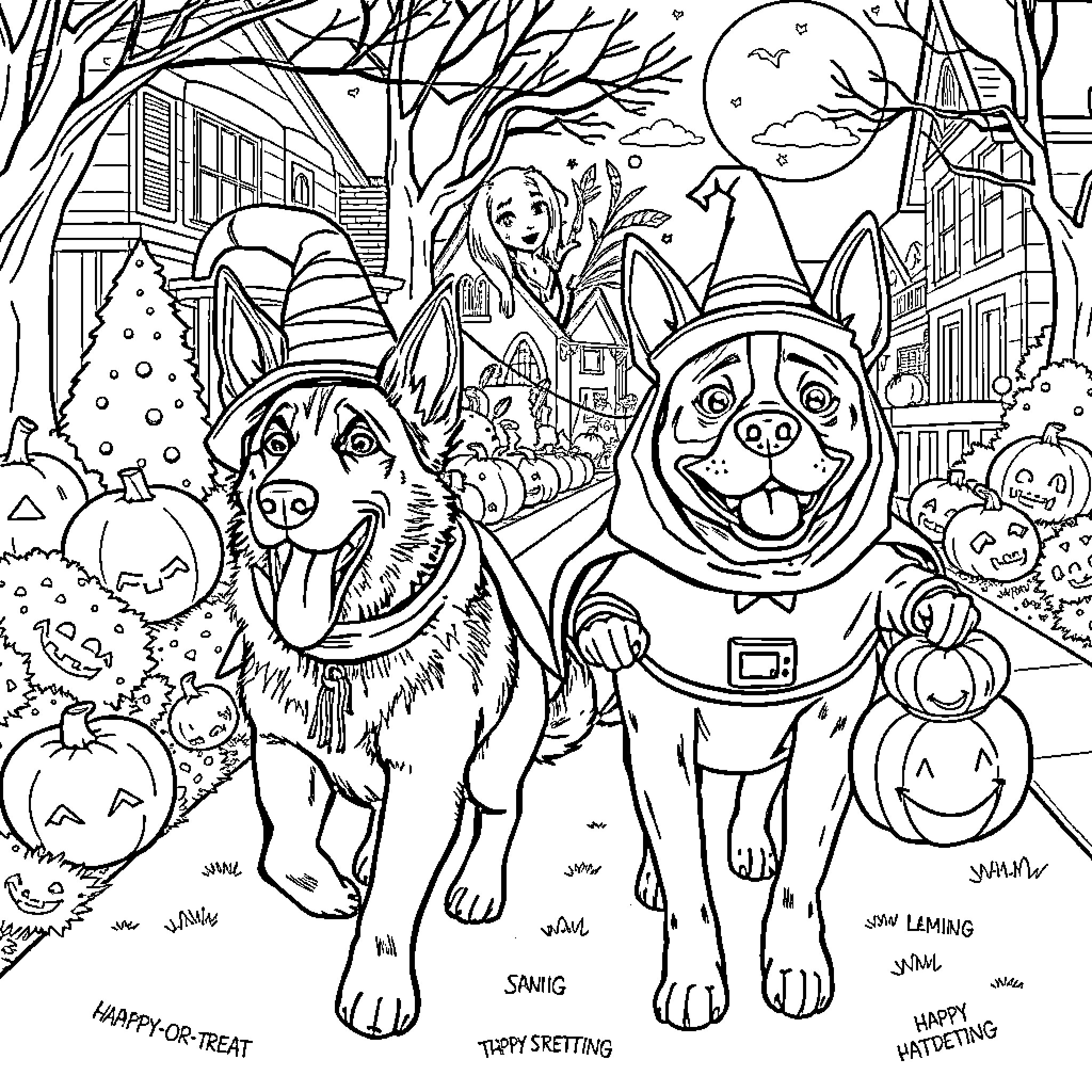 Dogs enjoying Halloween festivities Coloring Page (free black-and-white line drawing printable PDF for all, from beginners to advanced learners, including children, teens, adults, and seniors)