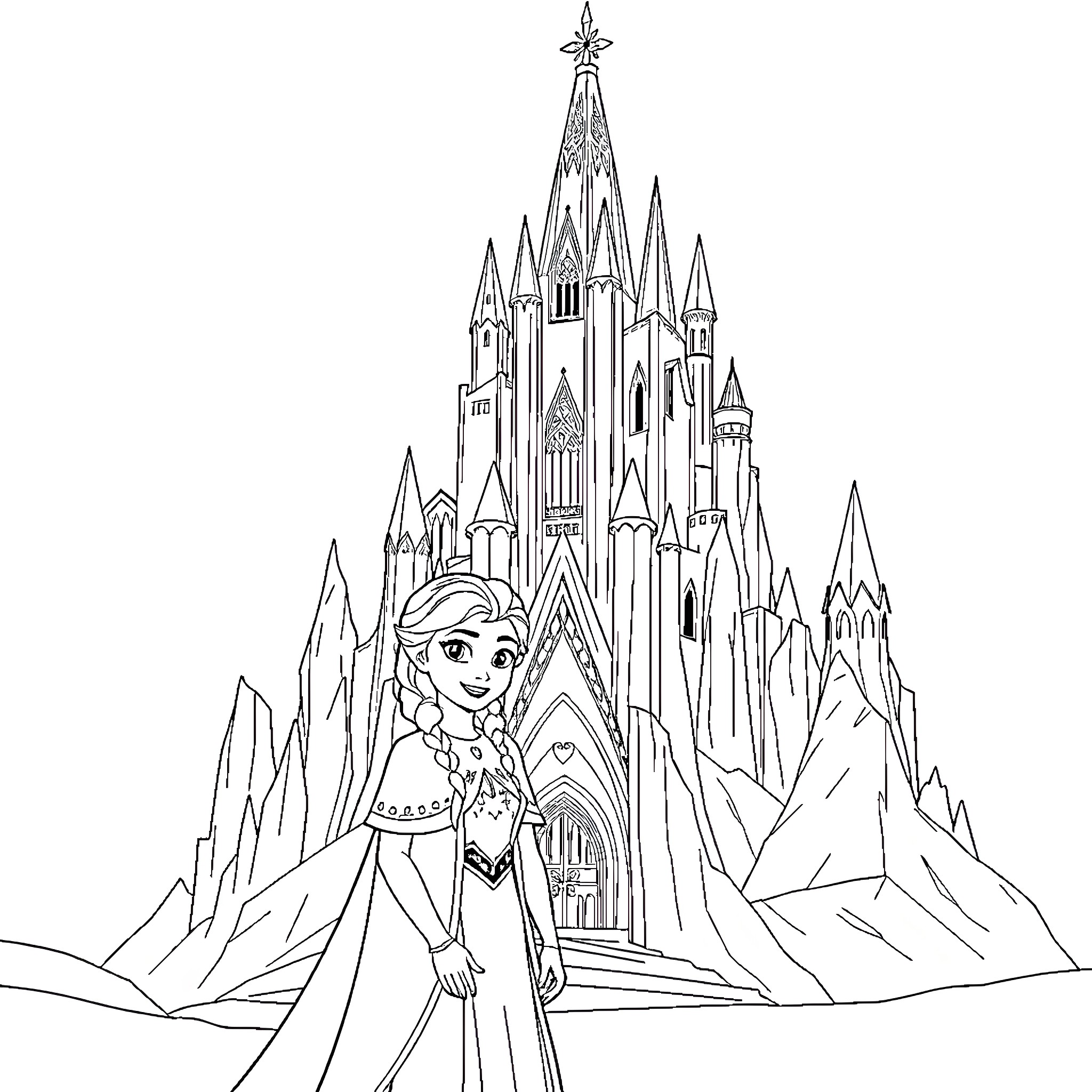 Anna and Elsa in a Magical Castle Landscape Coloring Page (free black-and-white line drawing printable PDF for all, from beginners to advanced learners, including children, teens, adults, and seniors)