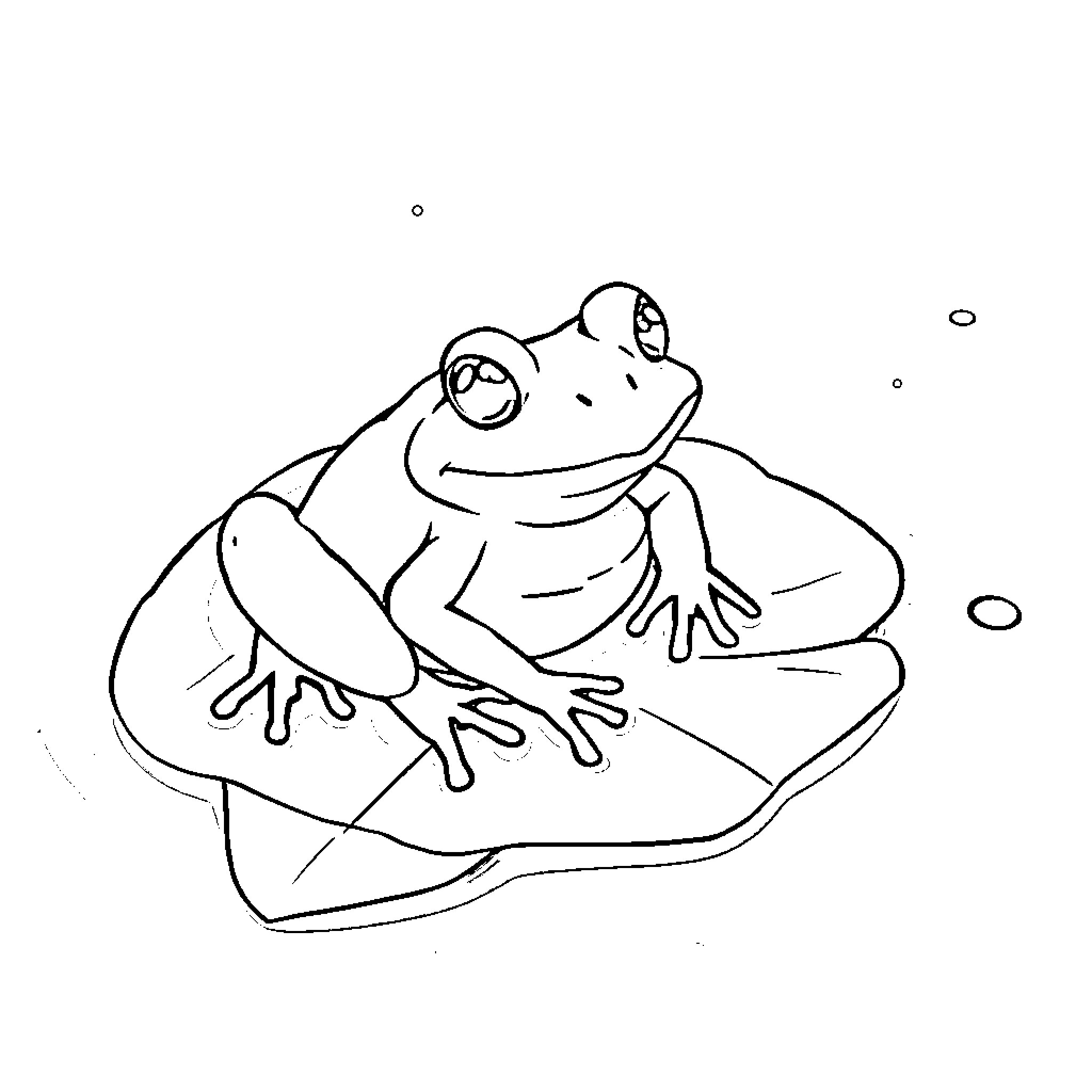 Frog resting contently on a leaf Coloring Page (free black-and-white line drawing printable PDF for all, from beginners to advanced learners, including children, teens, adults, and seniors)
