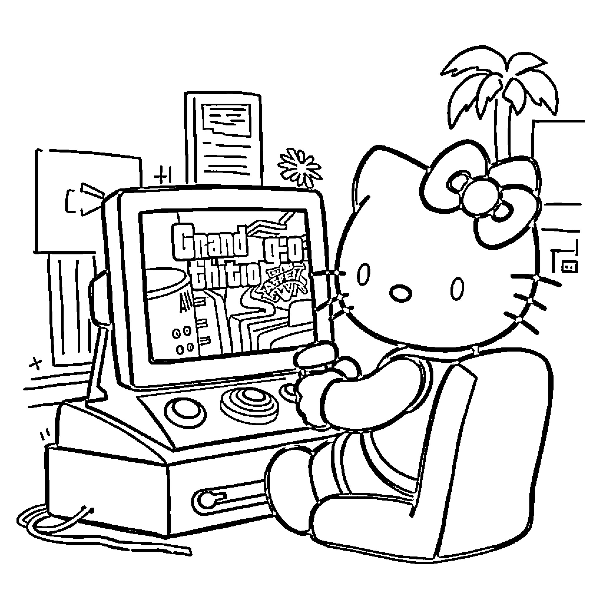 Hello Kitty playing Grand Theft Auto video game Coloring Page (free black-and-white line drawing printable PDF for all, from beginners to advanced learners, including children, teens, adults, and seniors)