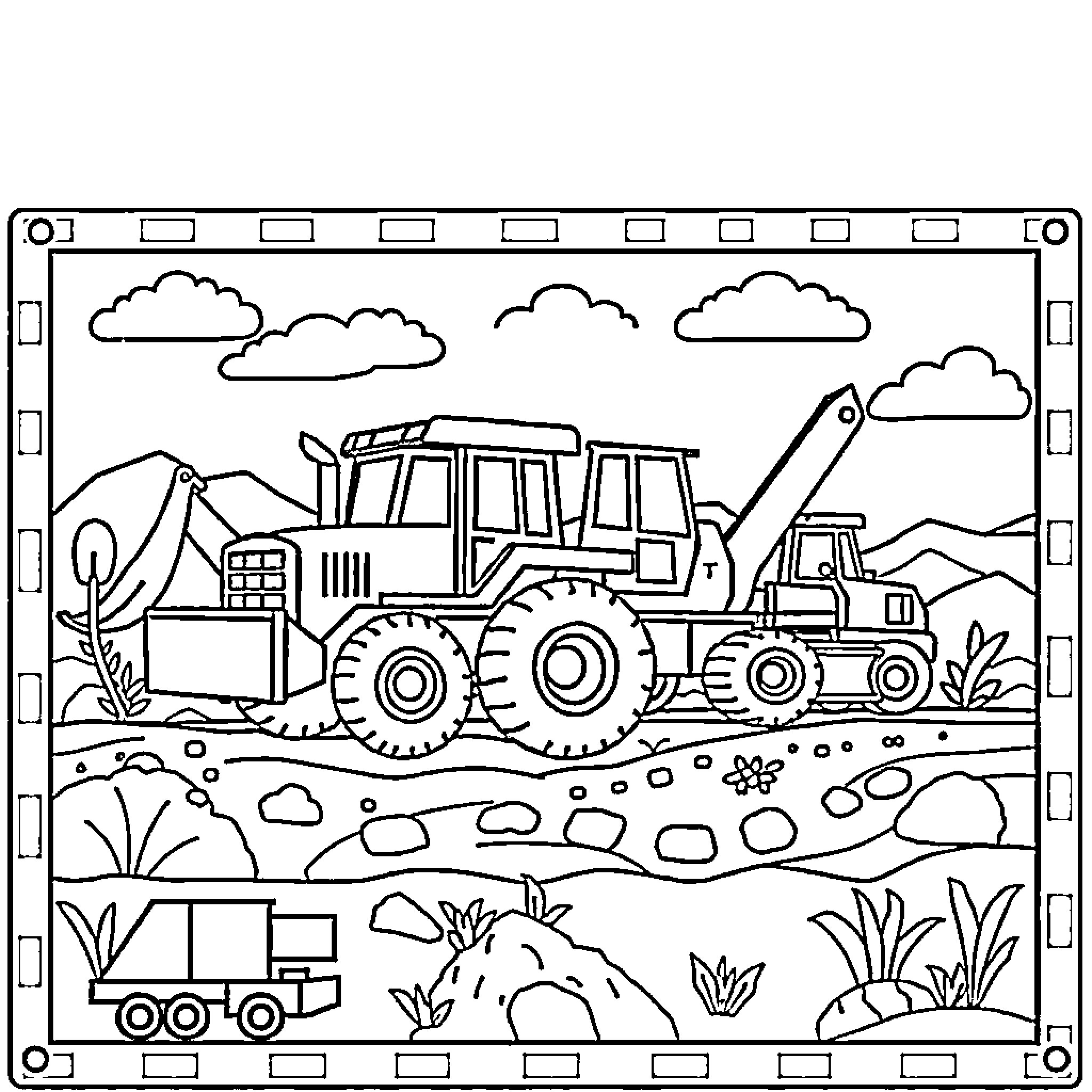Construction Vehicles Operating in Outdoor Landscape Coloring Page (free black-and-white line drawing printable PDF for all, from beginners to advanced learners, including children, teens, adults, and seniors)
