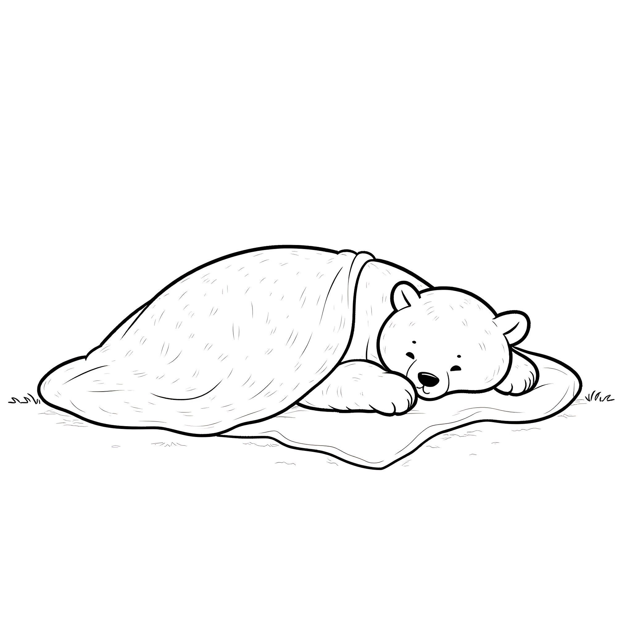 Urso sleeping peacefully under blanket Coloring Page (free black-and-white line drawing printable PDF for all, from beginners to advanced learners, including children, teens, adults, and seniors)