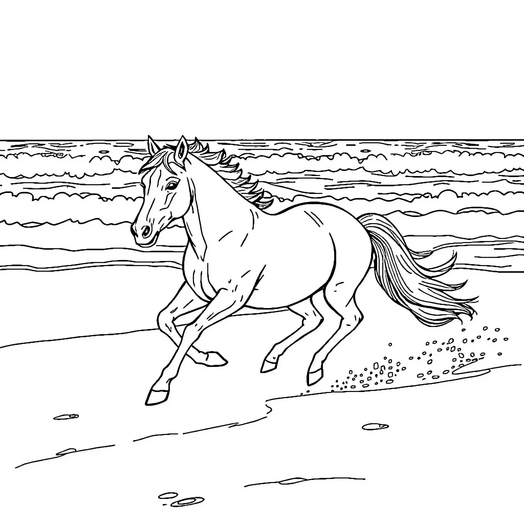 Horse galloping on the beach Coloring Page (free black-and-white line drawing printable PDF for all, from beginners to advanced learners, including children, teens, adults, and seniors)