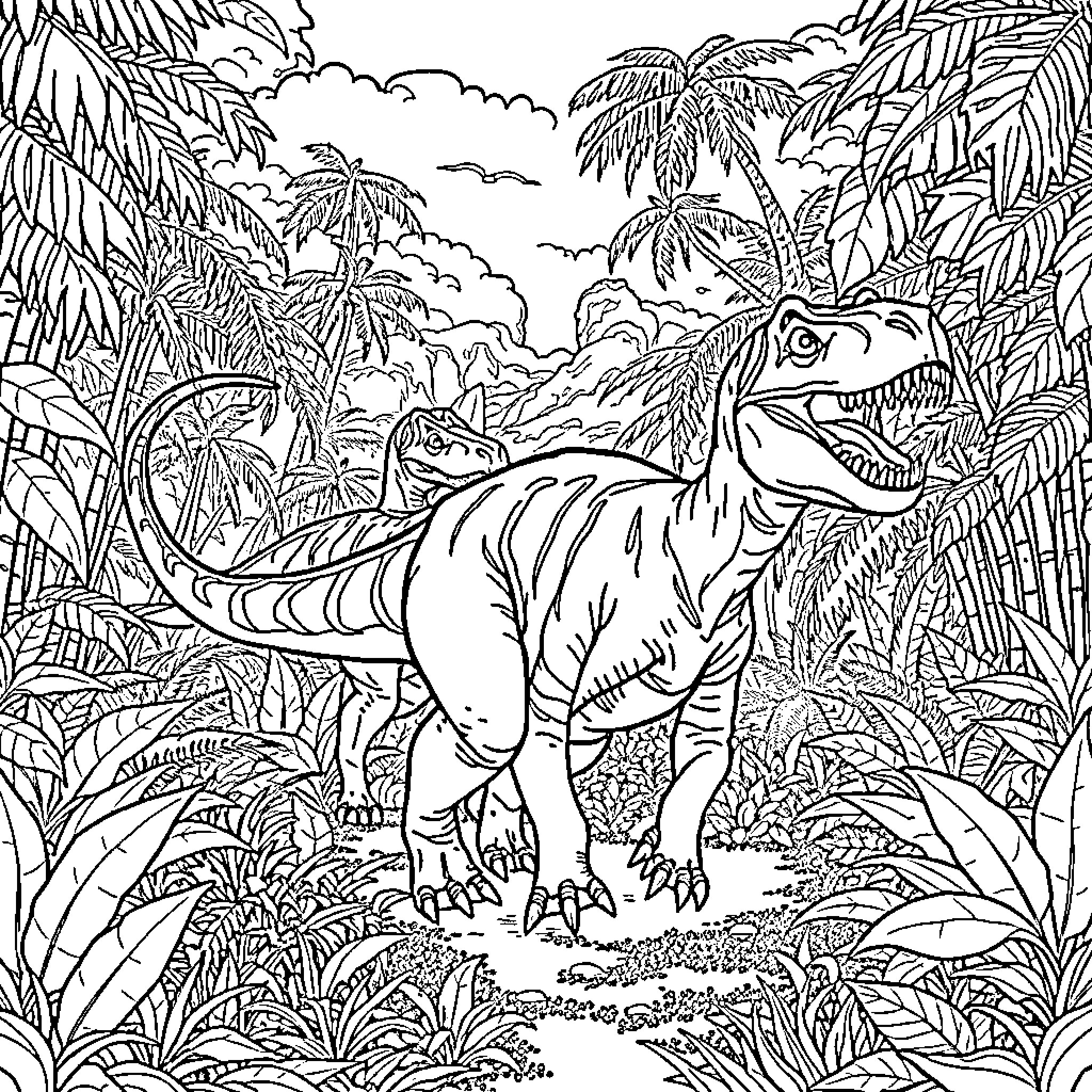 Dinosaur roaming through a lush tropical landscape Coloring Page (free black-and-white line drawing printable PDF for all, from beginners to advanced learners, including children, teens, adults, and seniors)