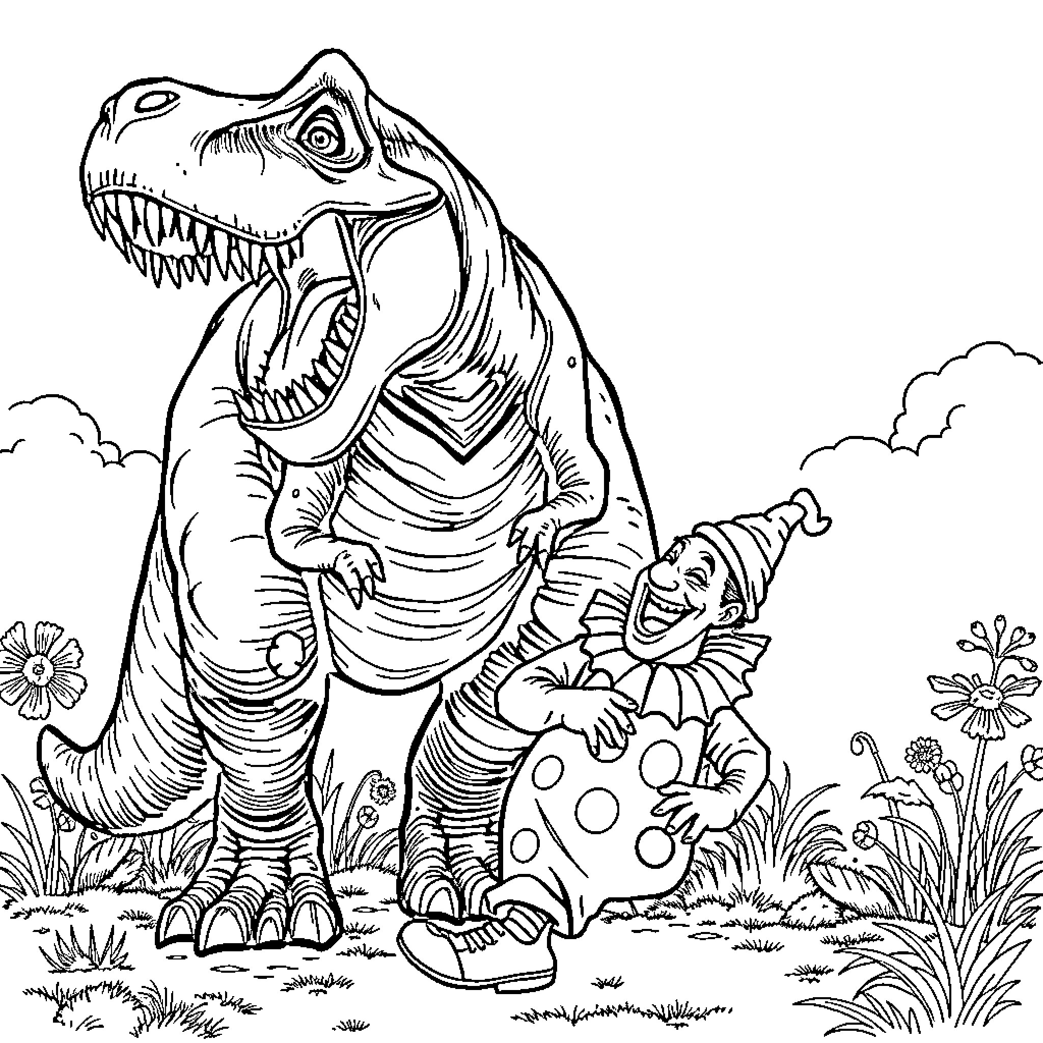 T-Rex chases a frightened clown in a nature setting Coloring Page (free black-and-white line drawing printable PDF for all, from beginners to advanced learners, including children, teens, adults, and seniors)