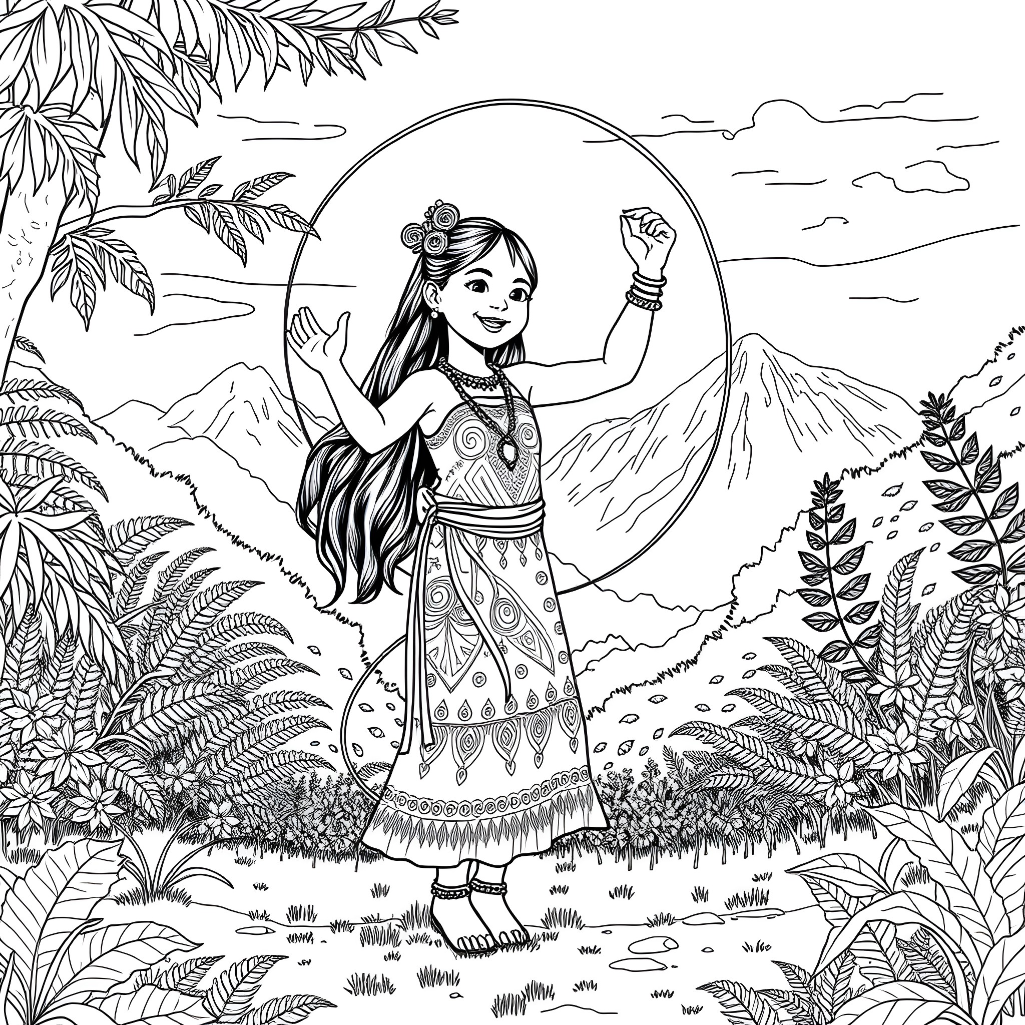 Maori Girl Embracing Nature's Beauty Coloring Page (free black-and-white line drawing printable PDF for all, from beginners to advanced learners, including children, teens, adults, and seniors)