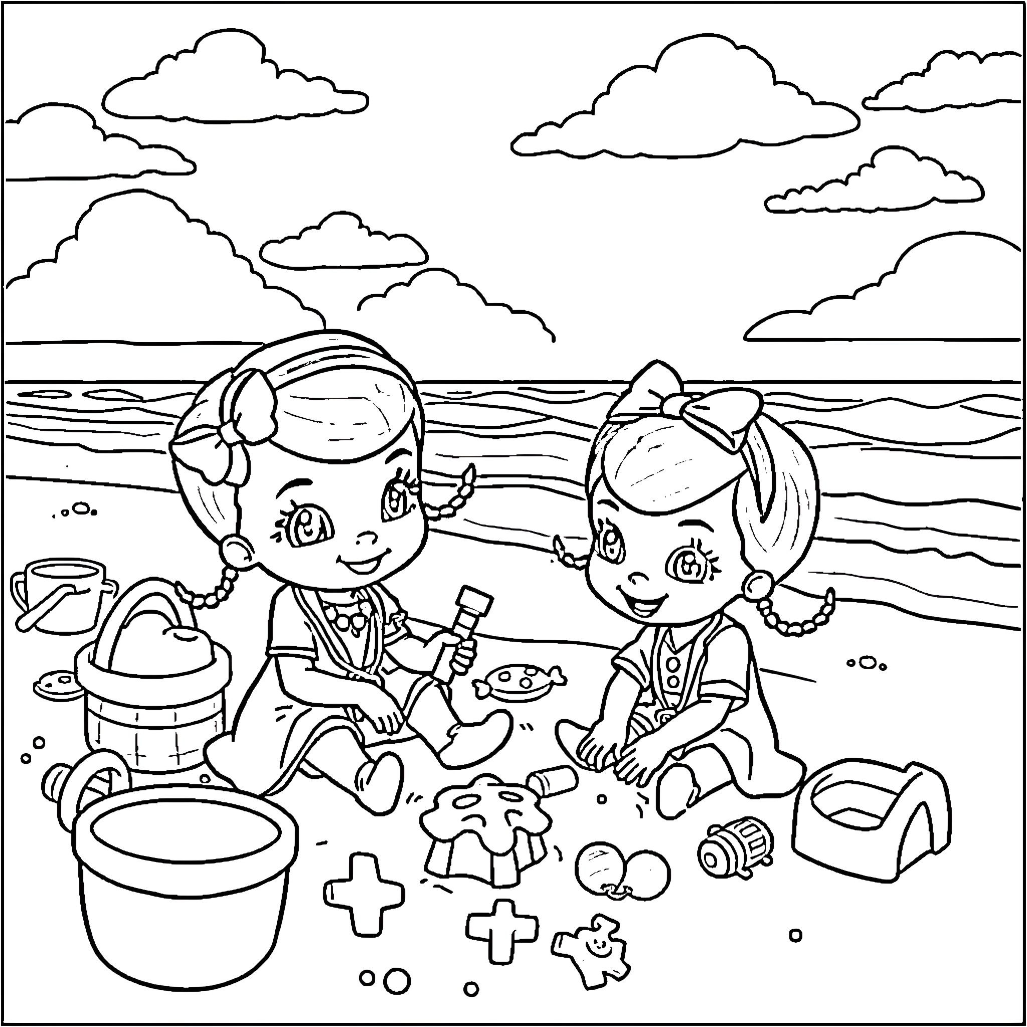 Doc McStuffins Enjoying Playtime on the Beach Coloring Page (free black-and-white line drawing printable PDF for all, from beginners to advanced learners, including children, teens, adults, and seniors)
