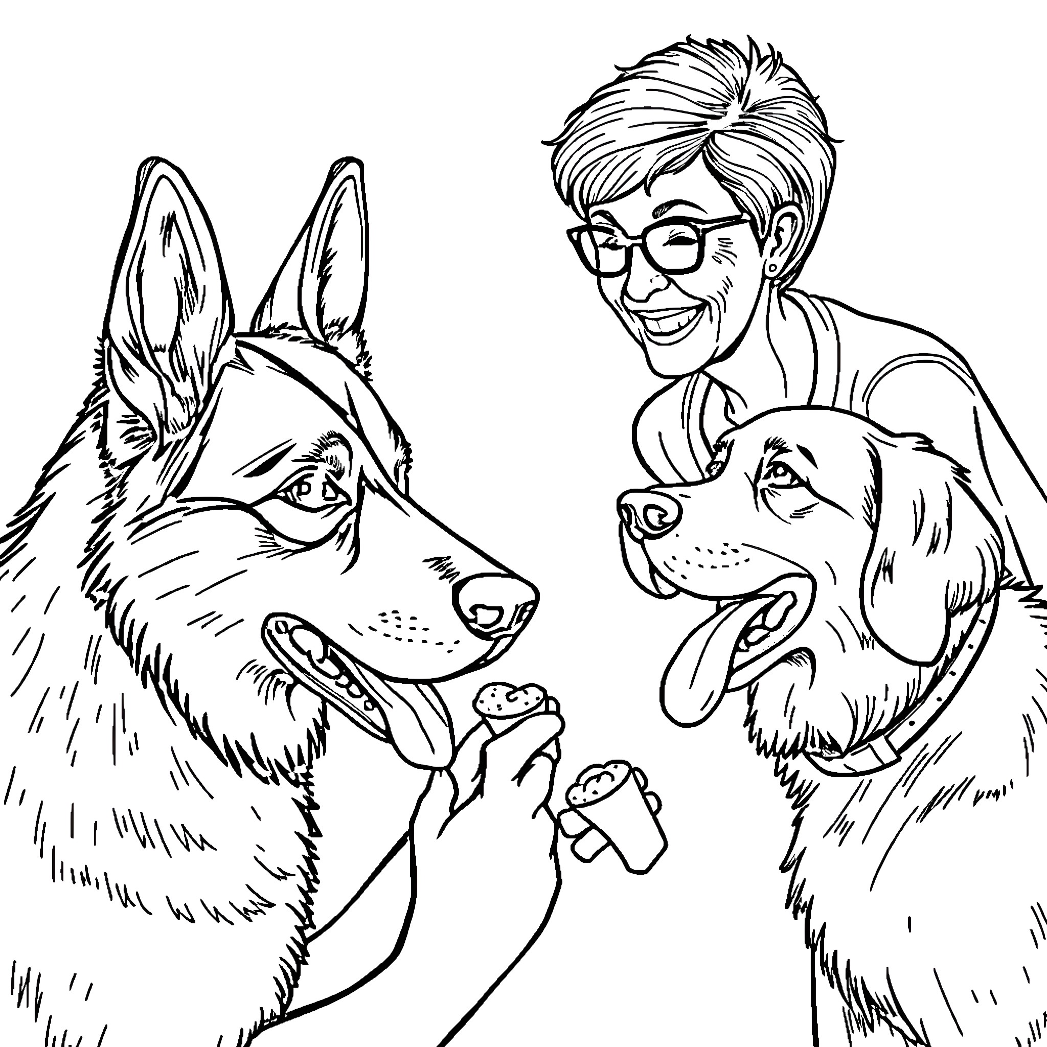 Dog with owner enjoying playtime together Coloring Page (free black-and-white line drawing printable PDF for all, from beginners to advanced learners, including children, teens, adults, and seniors)
