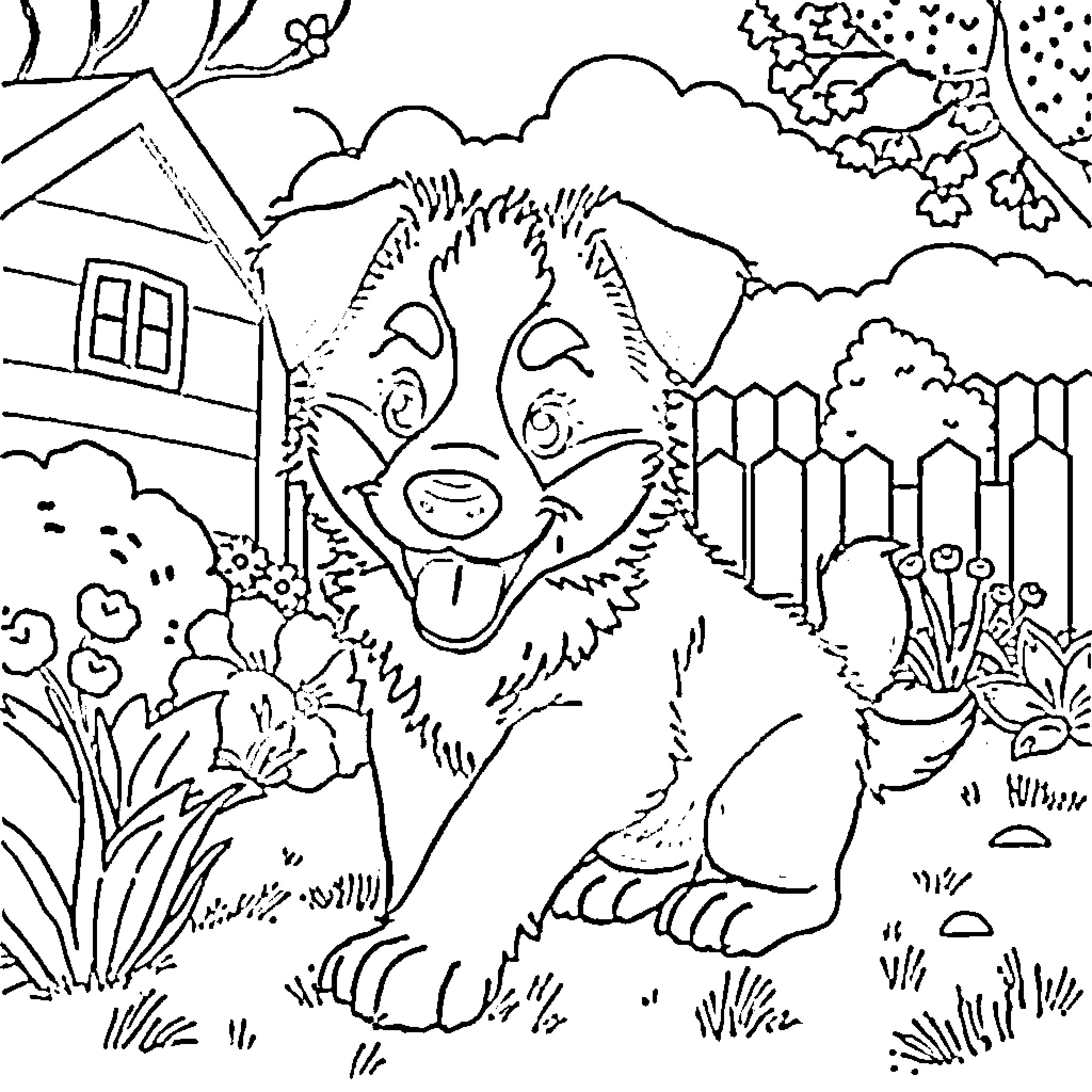 Bluey's Playful Garden Adventure Coloring Page (free black-and-white line drawing printable PDF for all, from beginners to advanced learners, including children, teens, adults, and seniors)