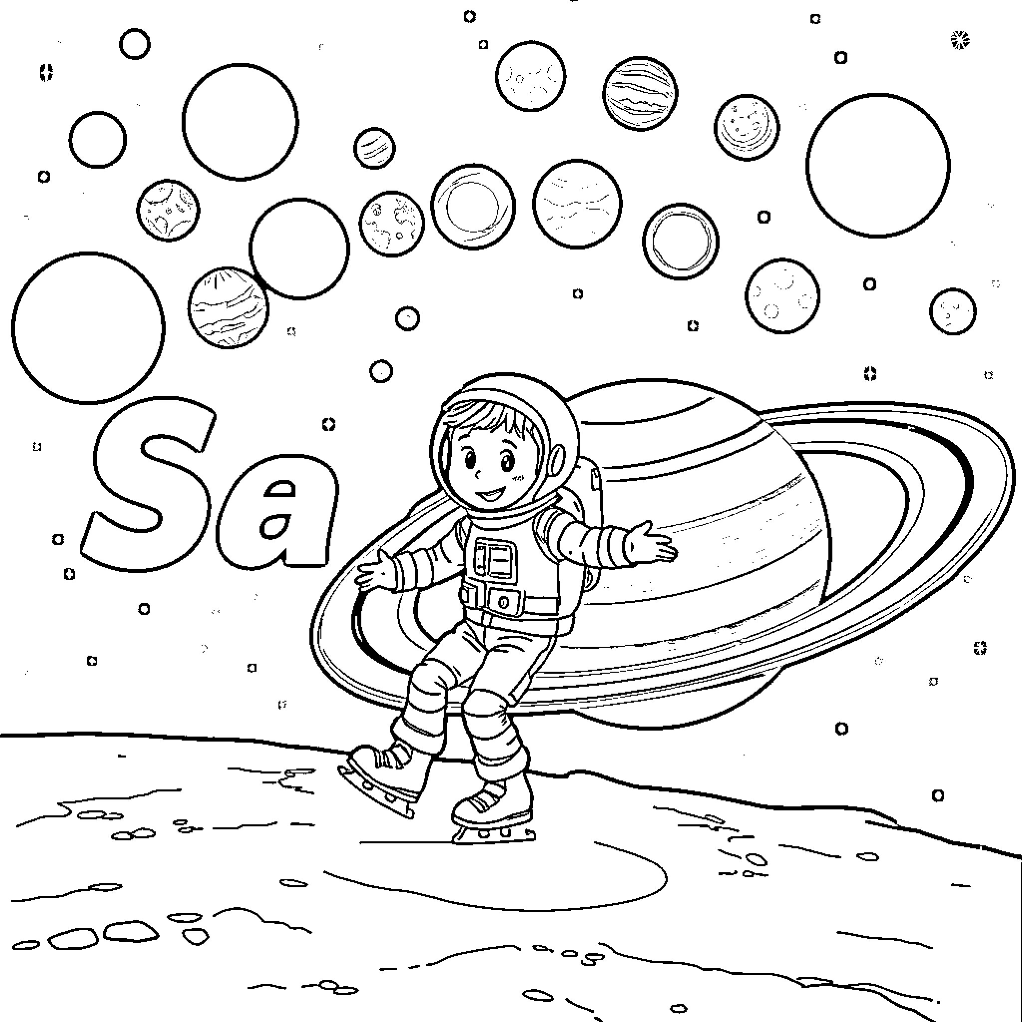 Astronaut exploring the galaxy with wonder Coloring Page (free black-and-white line drawing printable PDF for all, from beginners to advanced learners, including children, teens, adults, and seniors)