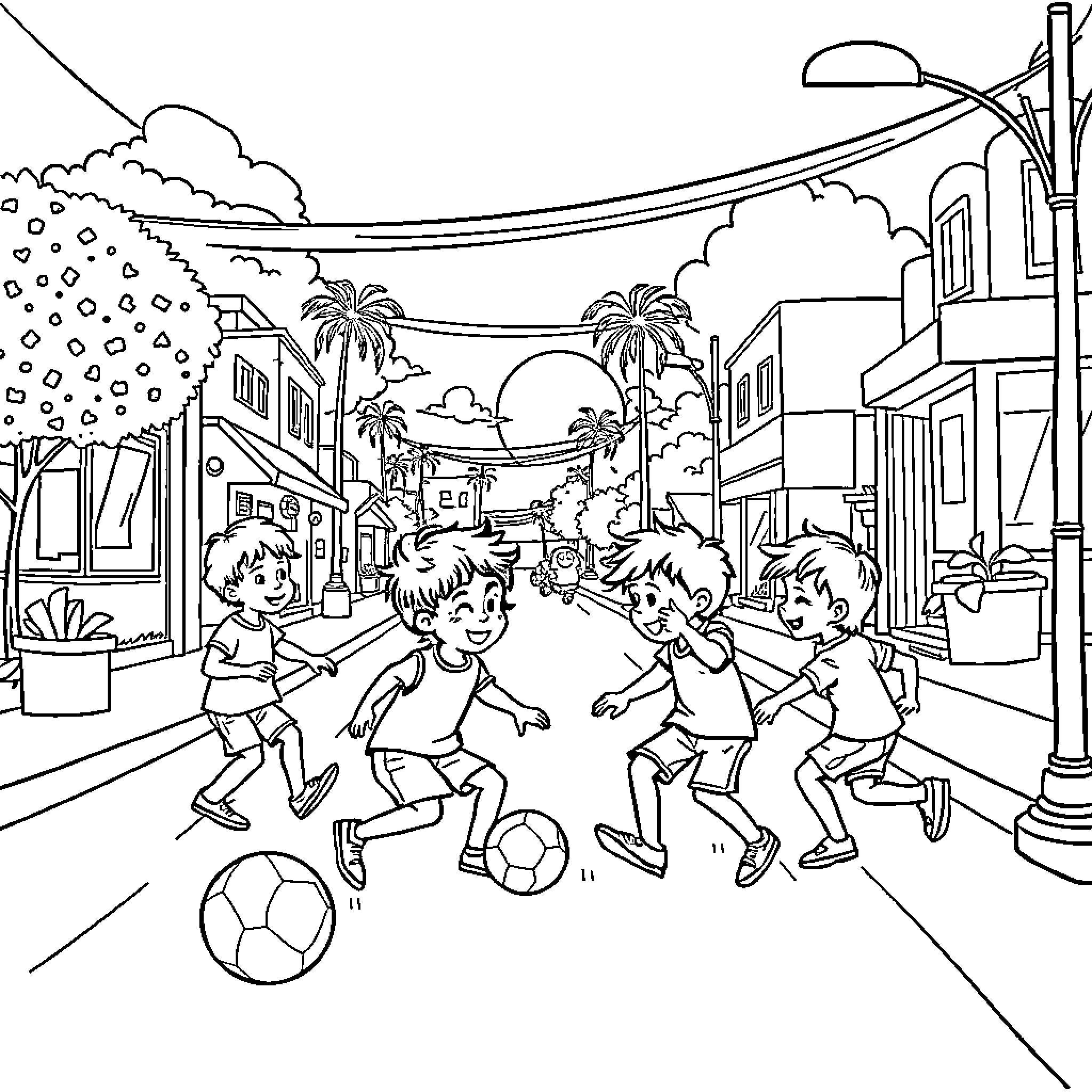 Street Game: Children Playing Soccer in a Tropical Town Coloring Page (free black-and-white line drawing printable PDF for all, from beginners to advanced learners, including children, teens, adults, and seniors)