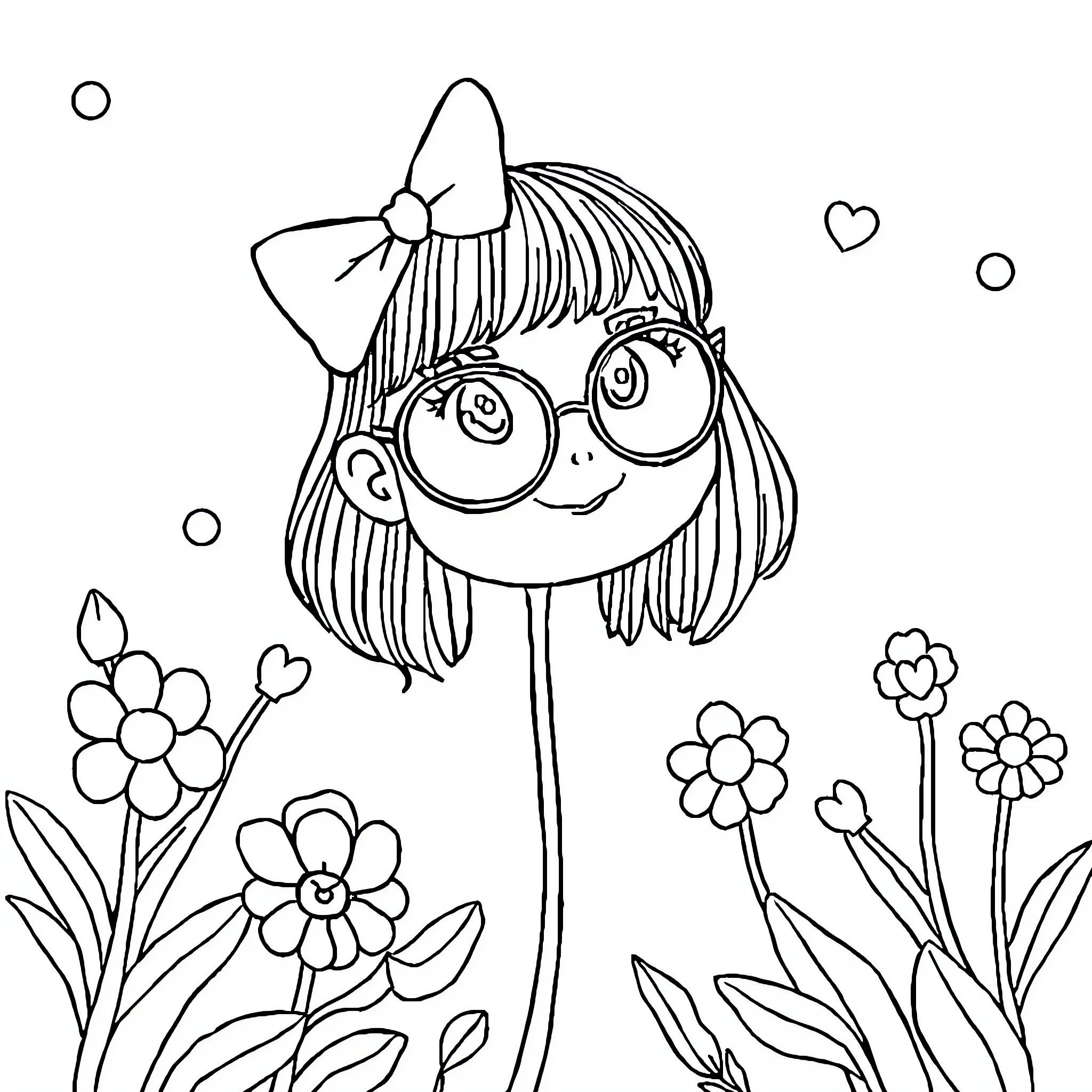 Bobbie's Playful Flower Garden Coloring Page (free black-and-white line drawing printable PDF for all, from beginners to advanced learners, including children, teens, adults, and seniors)
