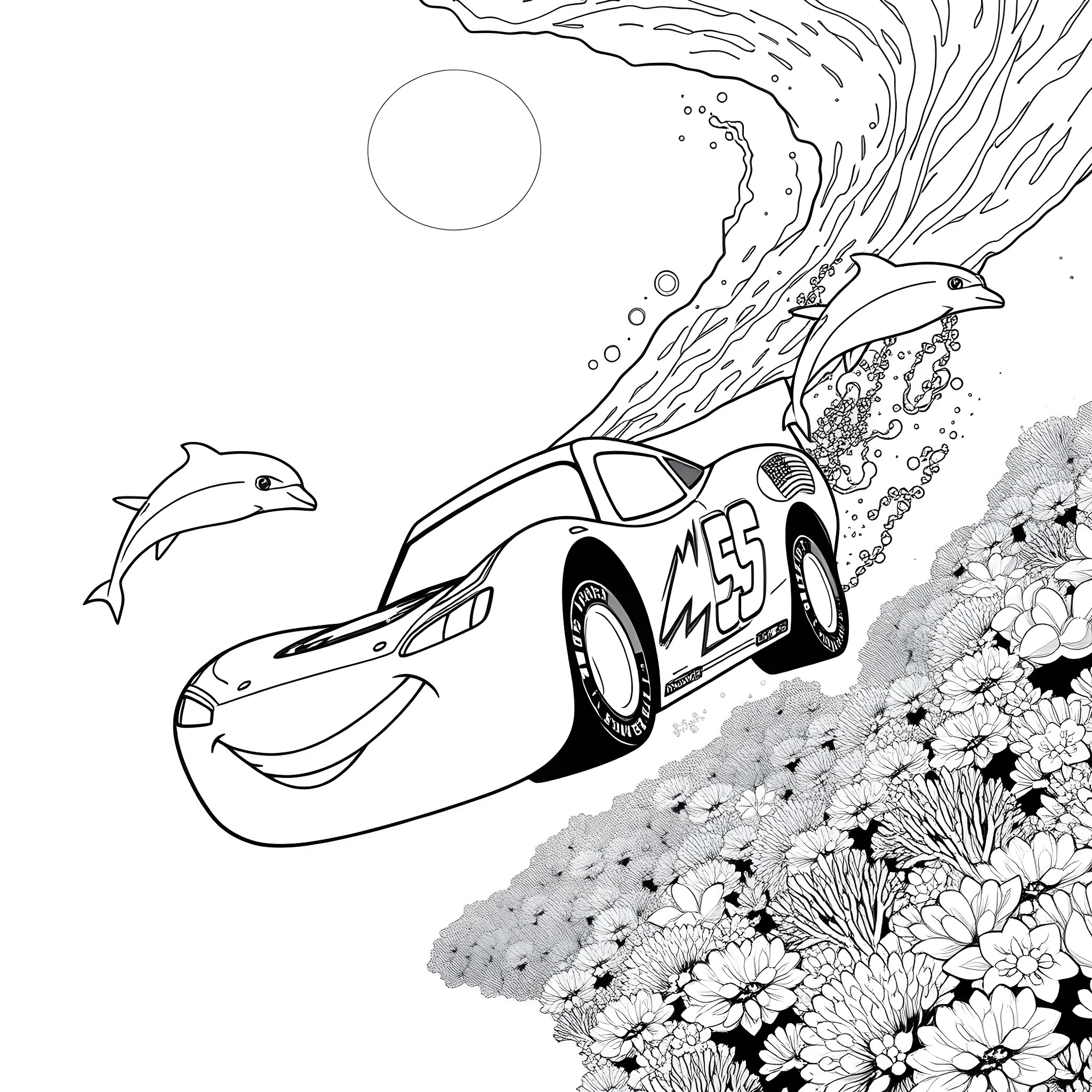 Lightning McQueen's wild underwater adventure Coloring Page (free black-and-white line drawing printable PDF for all, from beginners to advanced learners, including children, teens, adults, and seniors)