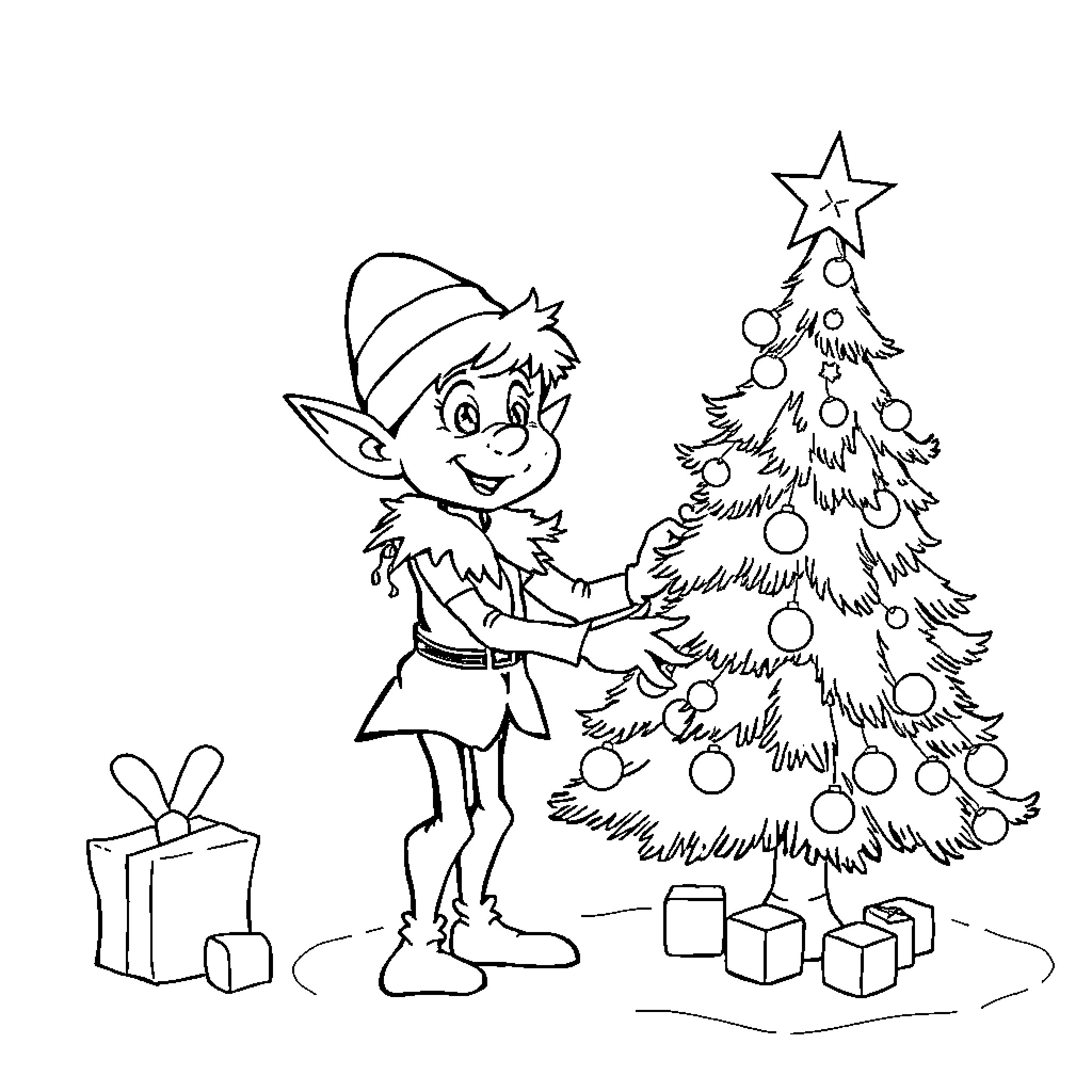 Elf decorating festive Christmas tree Coloring Page (free black-and-white line drawing printable PDF for all, from beginners to advanced learners, including children, teens, adults, and seniors)