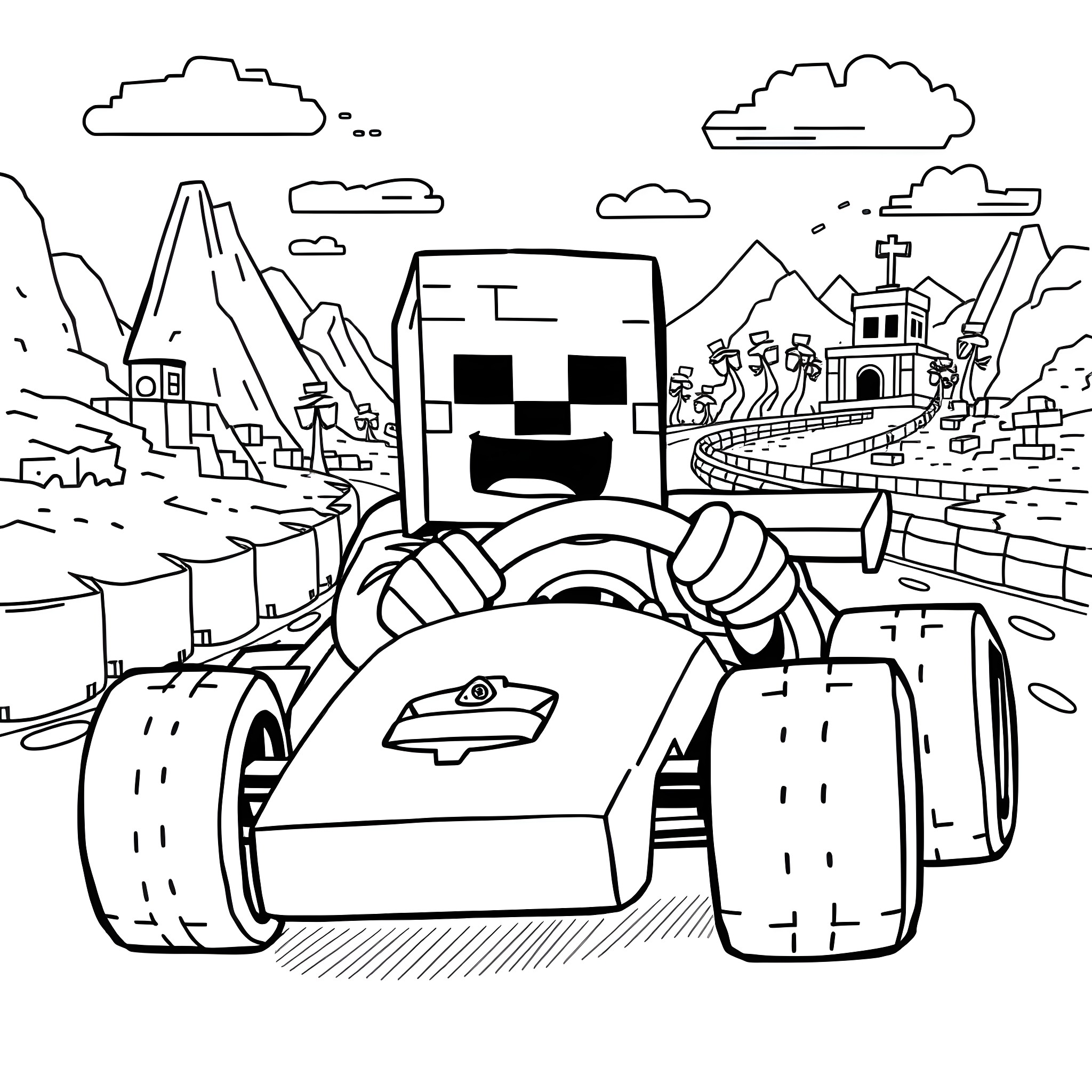 Creeper driving a blocky vehicle through a fantasy landscape Coloring Page (free black-and-white line drawing printable PDF for all, from beginners to advanced learners, including children, teens, adults, and seniors)