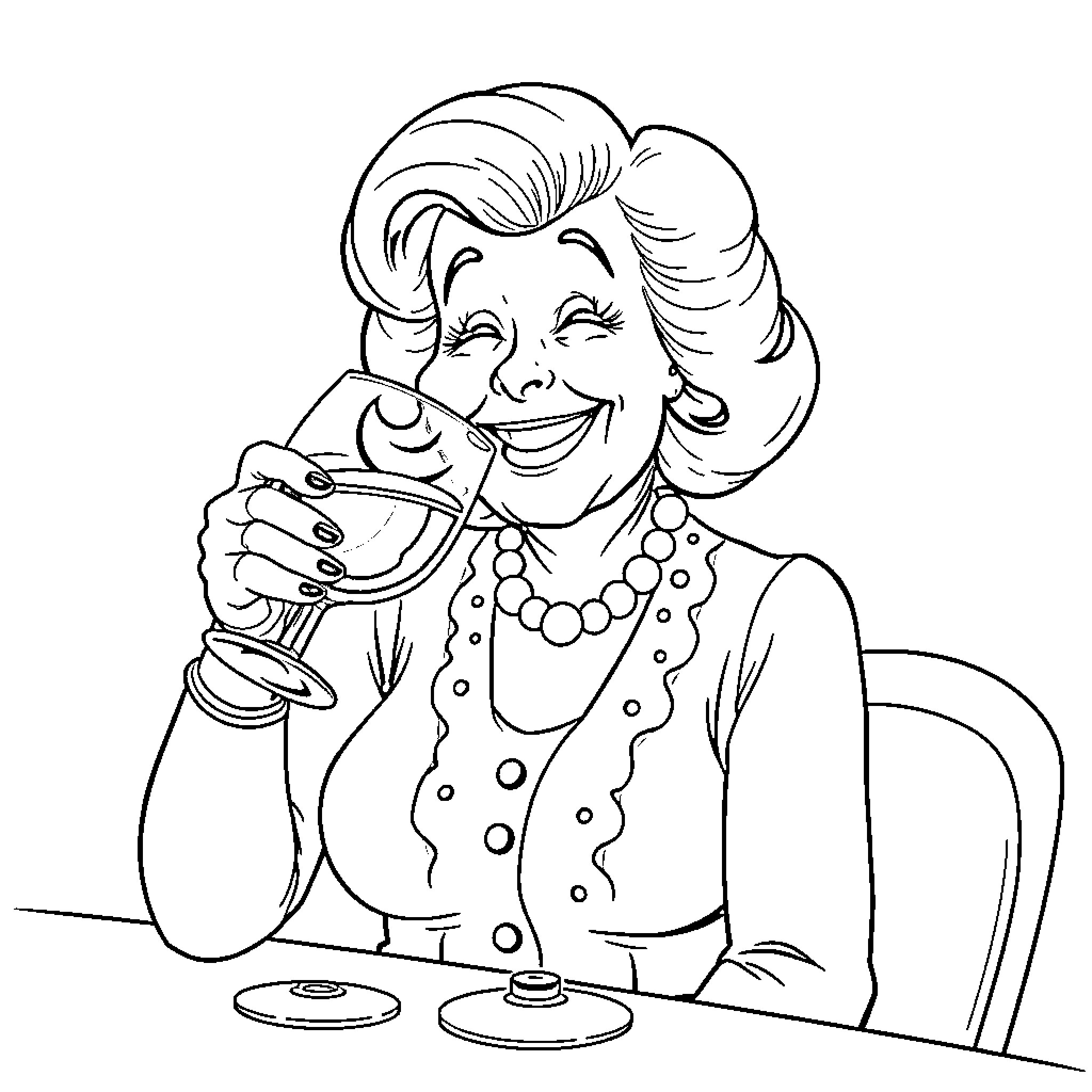 Betty White enjoying a cocktail with a smile Coloring Page (free black-and-white line drawing printable PDF for all, from beginners to advanced learners, including children, teens, adults, and seniors)