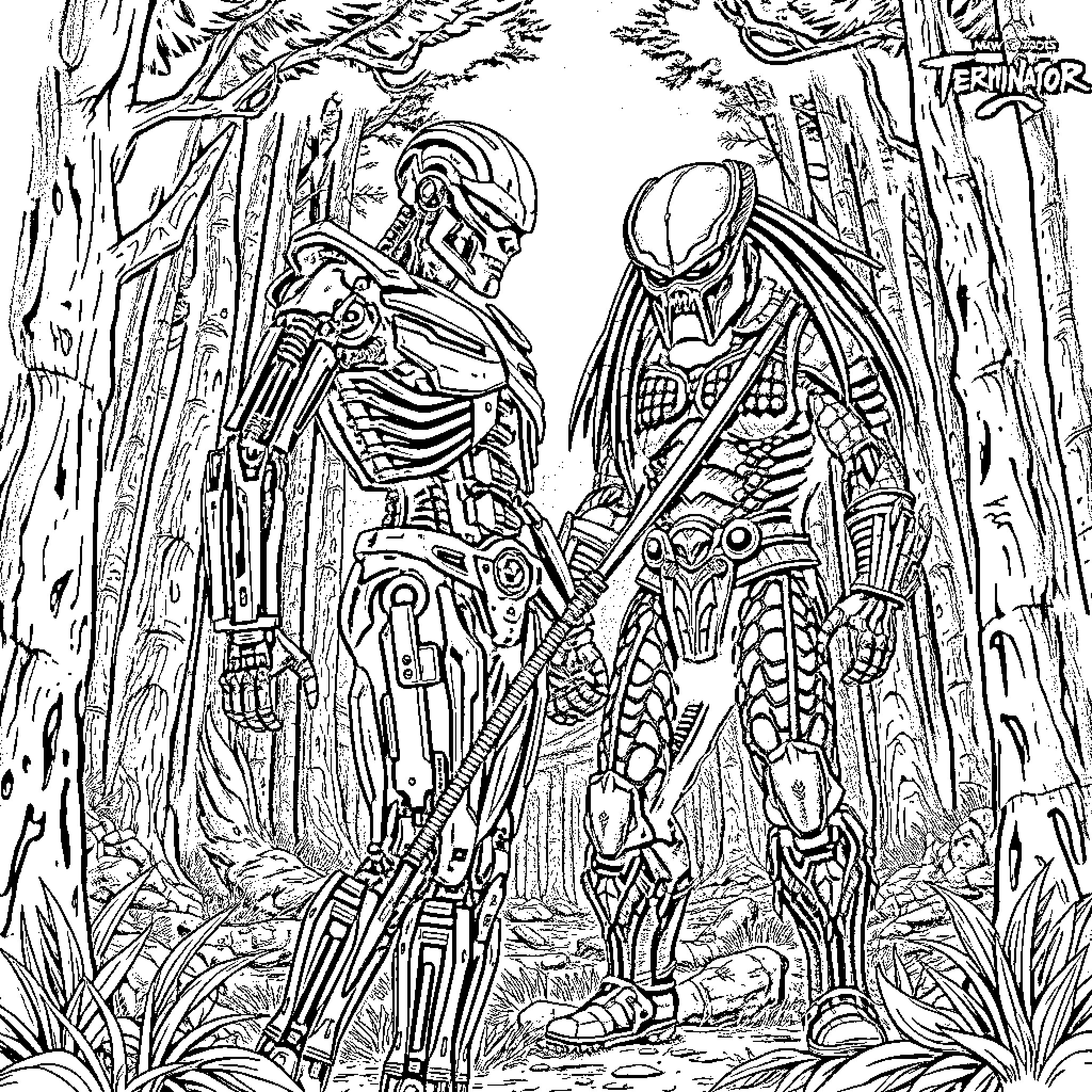 Terminator-style Sci-Fi Androids in Confrontation Coloring Page (free black-and-white line drawing printable PDF for all, from beginners to advanced learners, including children, teens, adults, and seniors)