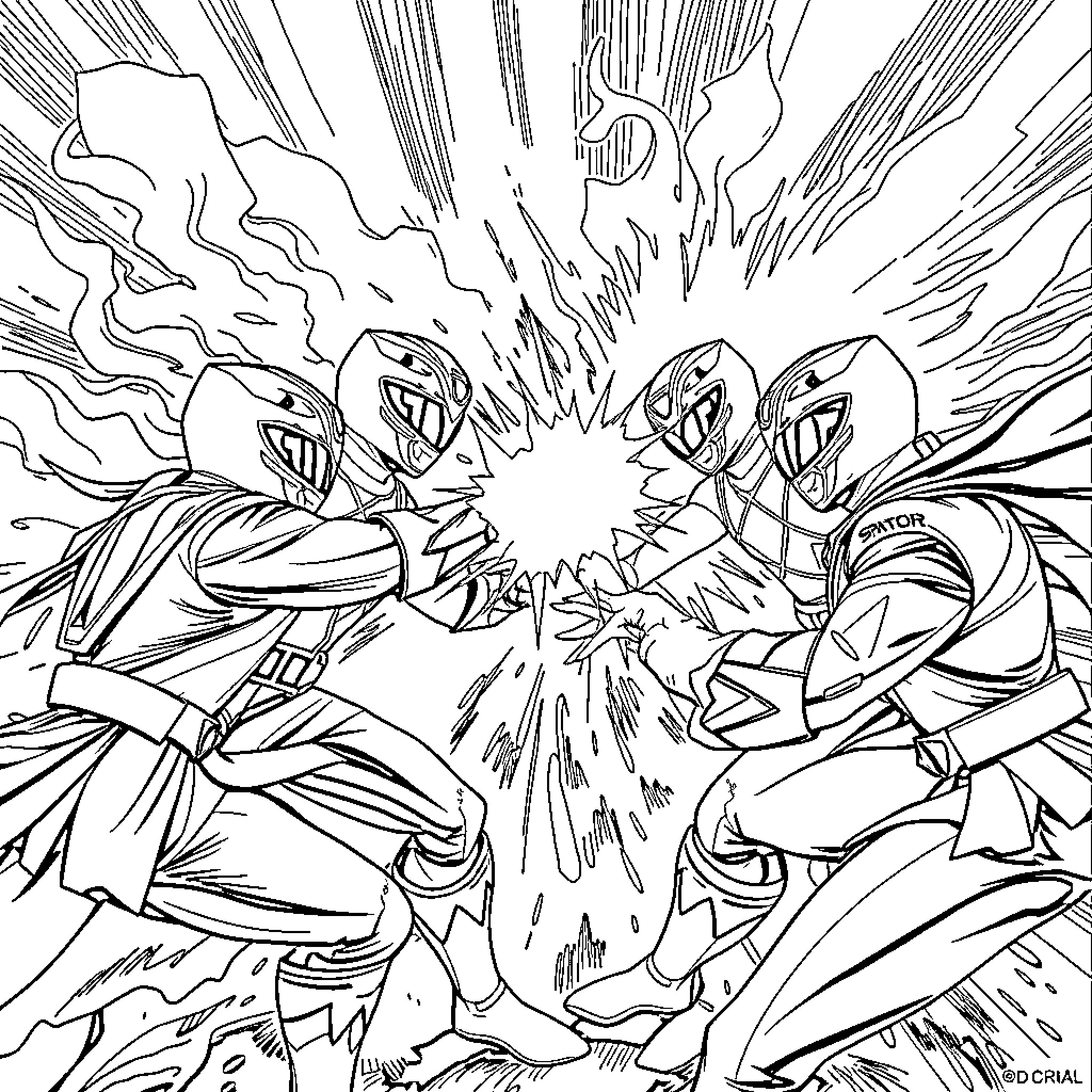 Power Rangers in an intense battle Coloring Page (free black-and-white line drawing printable PDF for all, from beginners to advanced learners, including children, teens, adults, and seniors)