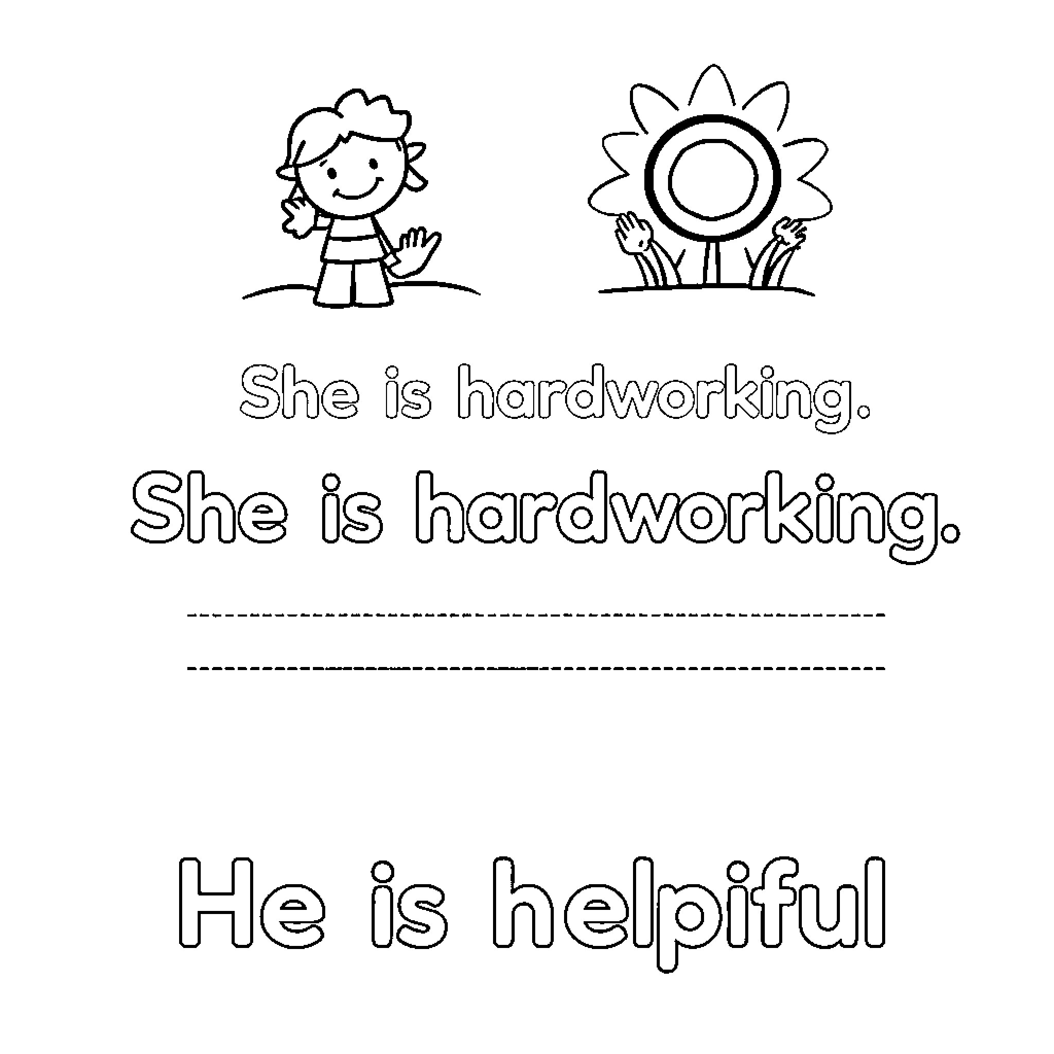 Worksheet for Hard-working and Helpful Coloring Page (free black-and-white line drawing printable PDF for all, from beginners to advanced learners, including children, teens, adults, and seniors)