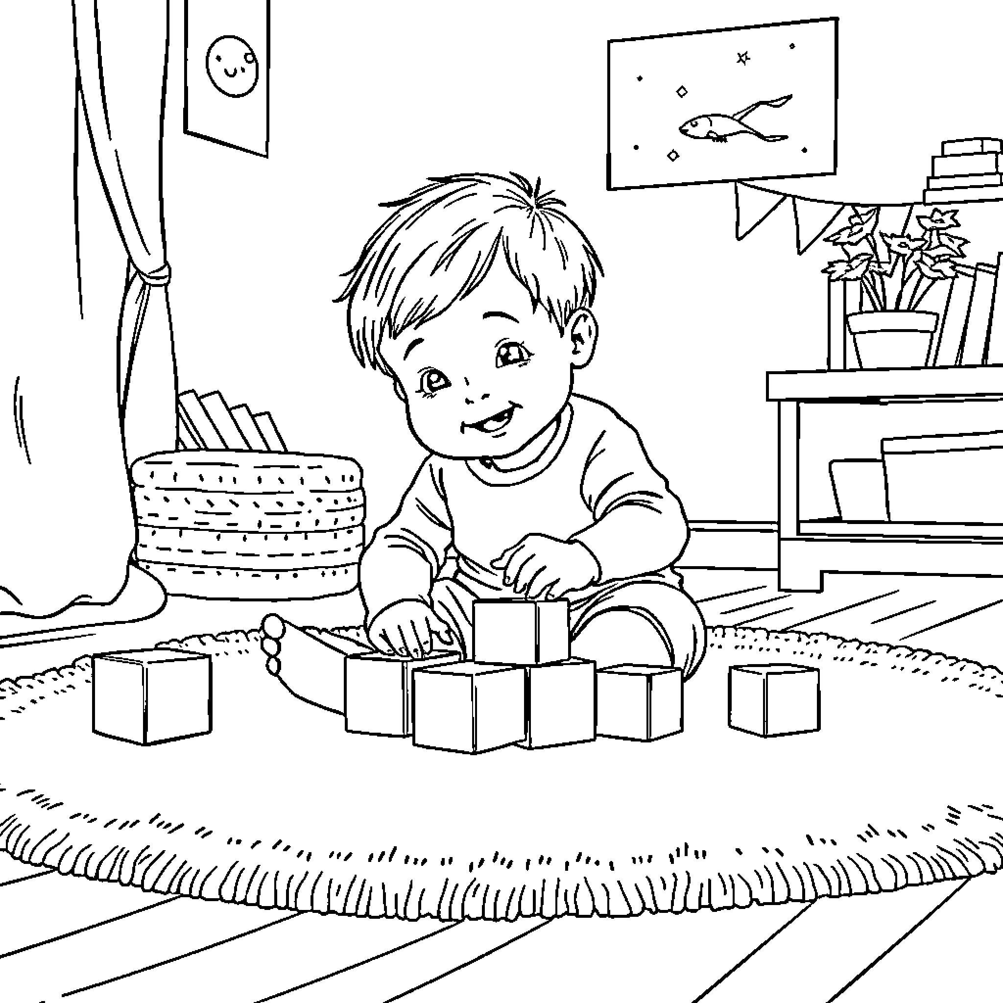Child playing with toys at home Coloring Page (free black-and-white line drawing printable PDF for all, from beginners to advanced learners, including children, teens, adults, and seniors)