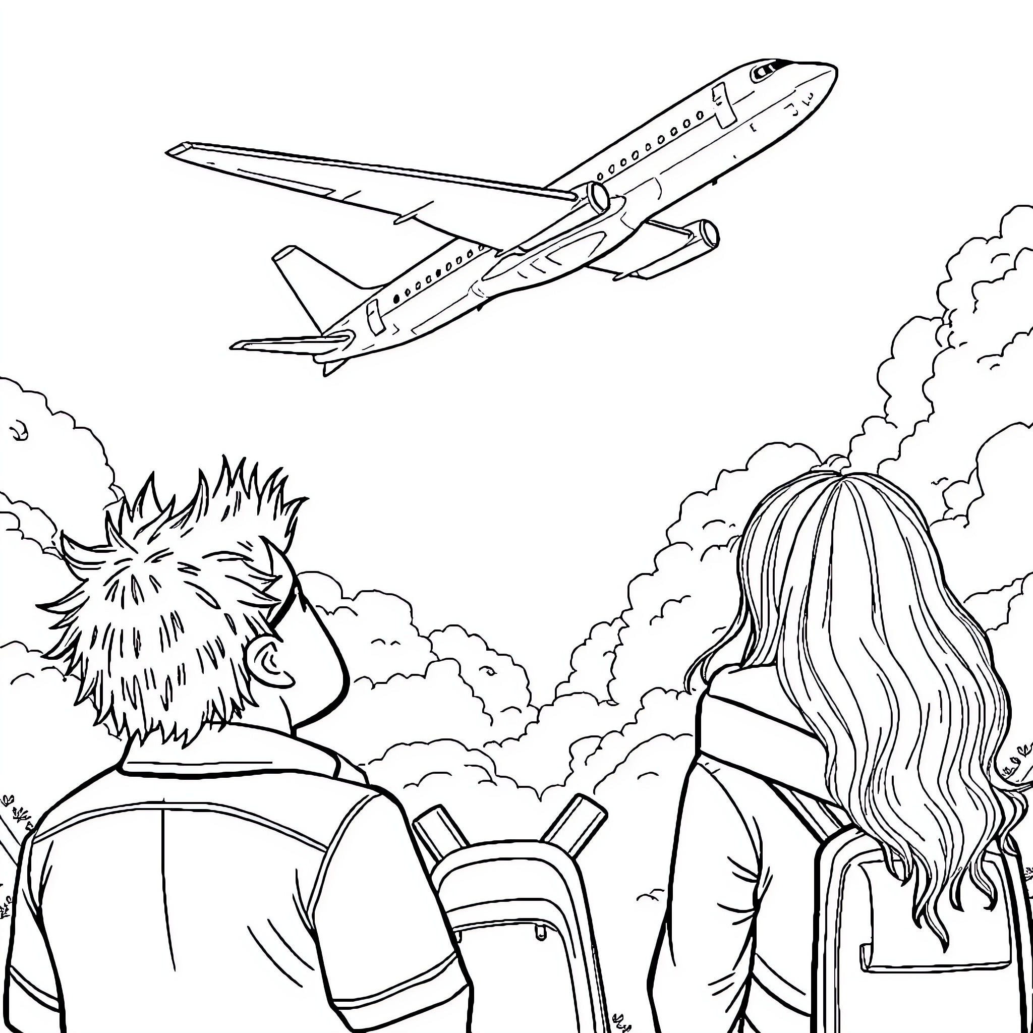 Avión sobrevolando a estudiantes observando el cielo Coloring Page (free black-and-white line drawing printable PDF for all, from beginners to advanced learners, including children, teens, adults, and seniors)
