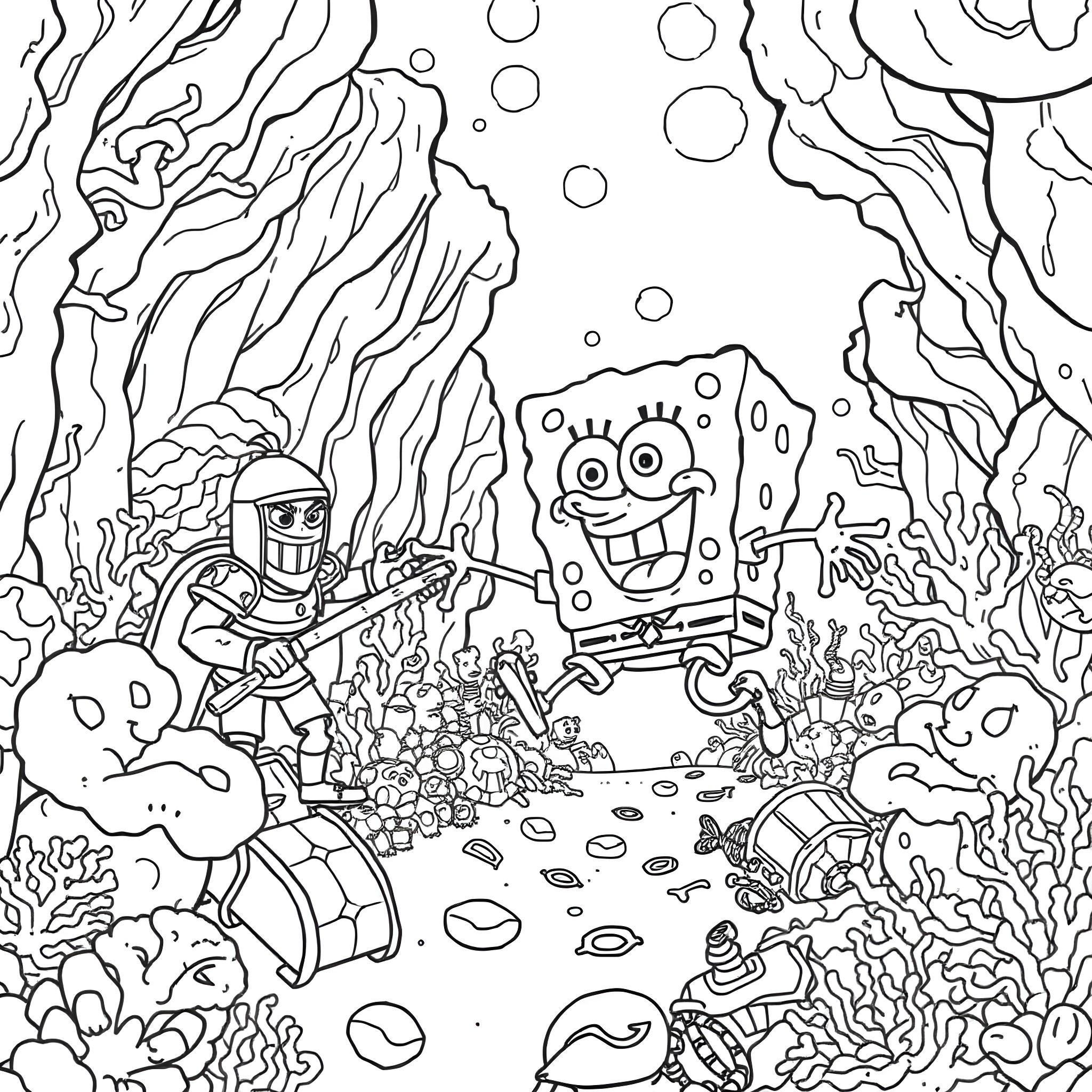 Plankton exploring the underwater world with friends Coloring Page (free black-and-white line drawing printable PDF for all, from beginners to advanced learners, including children, teens, adults, and seniors)
