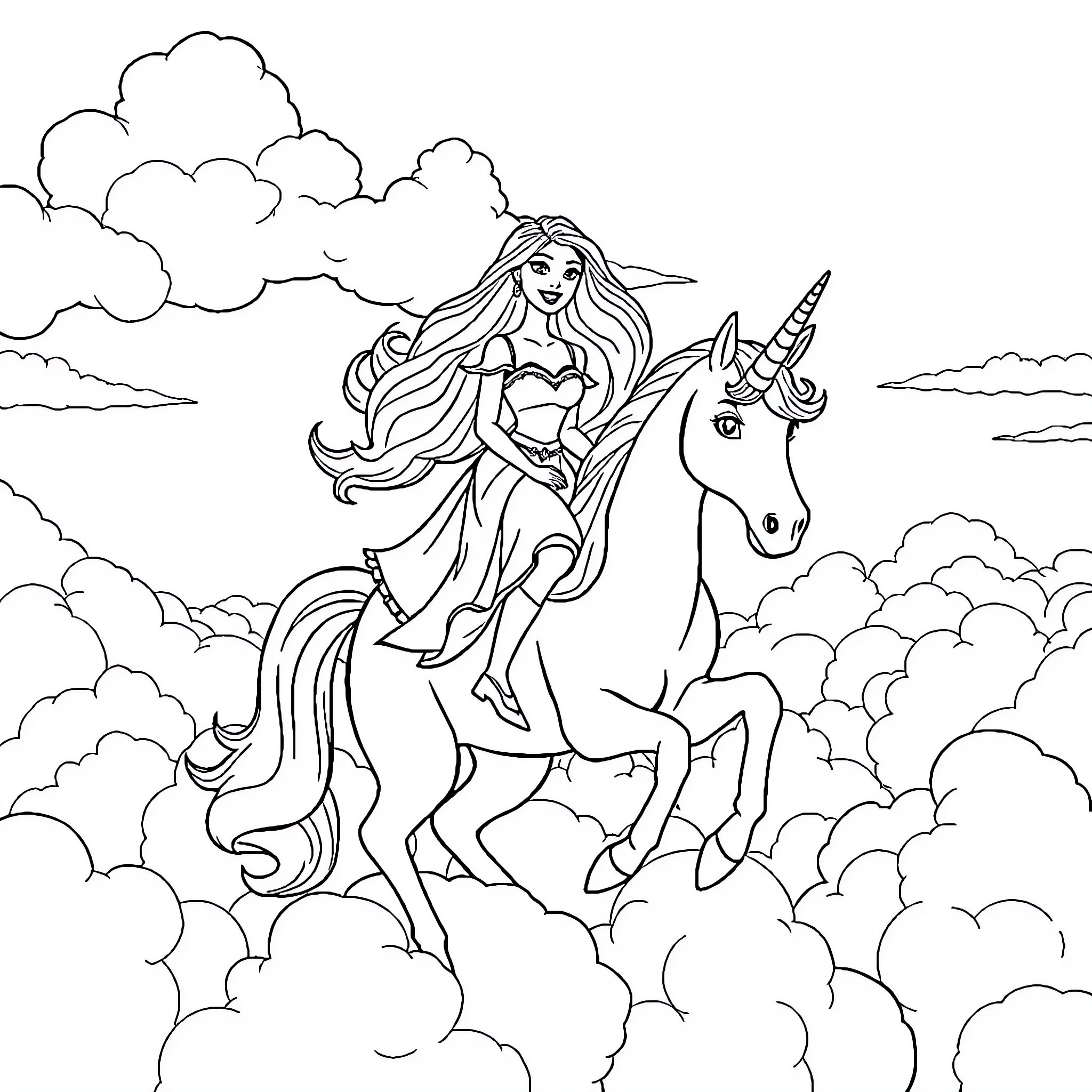 Barbie riding a magical unicorn in the clouds Coloring Page (free black-and-white line drawing printable PDF for all, from beginners to advanced learners, including children, teens, adults, and seniors)