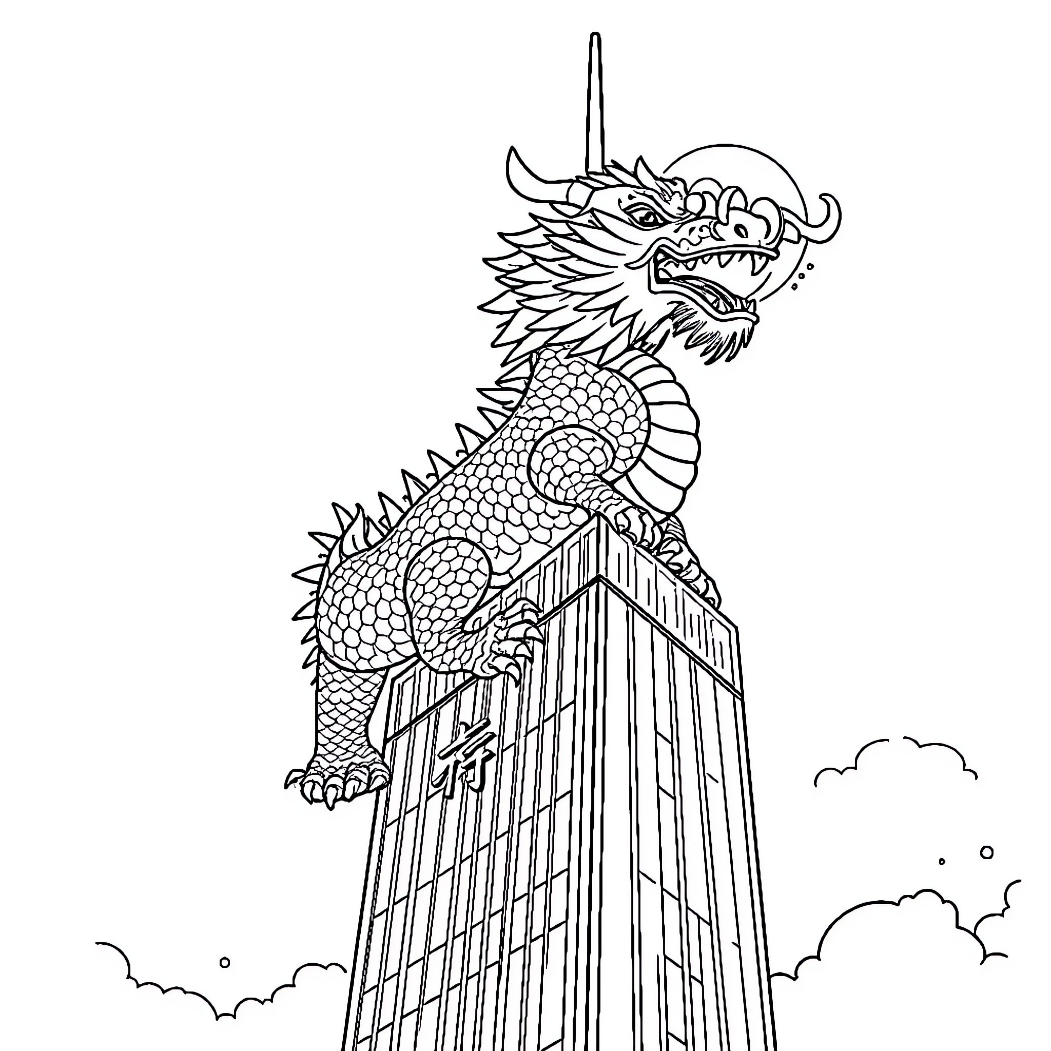 Dragon ascending a towering structure Coloring Page (free black-and-white line drawing printable PDF for all, from beginners to advanced learners, including children, teens, adults, and seniors)