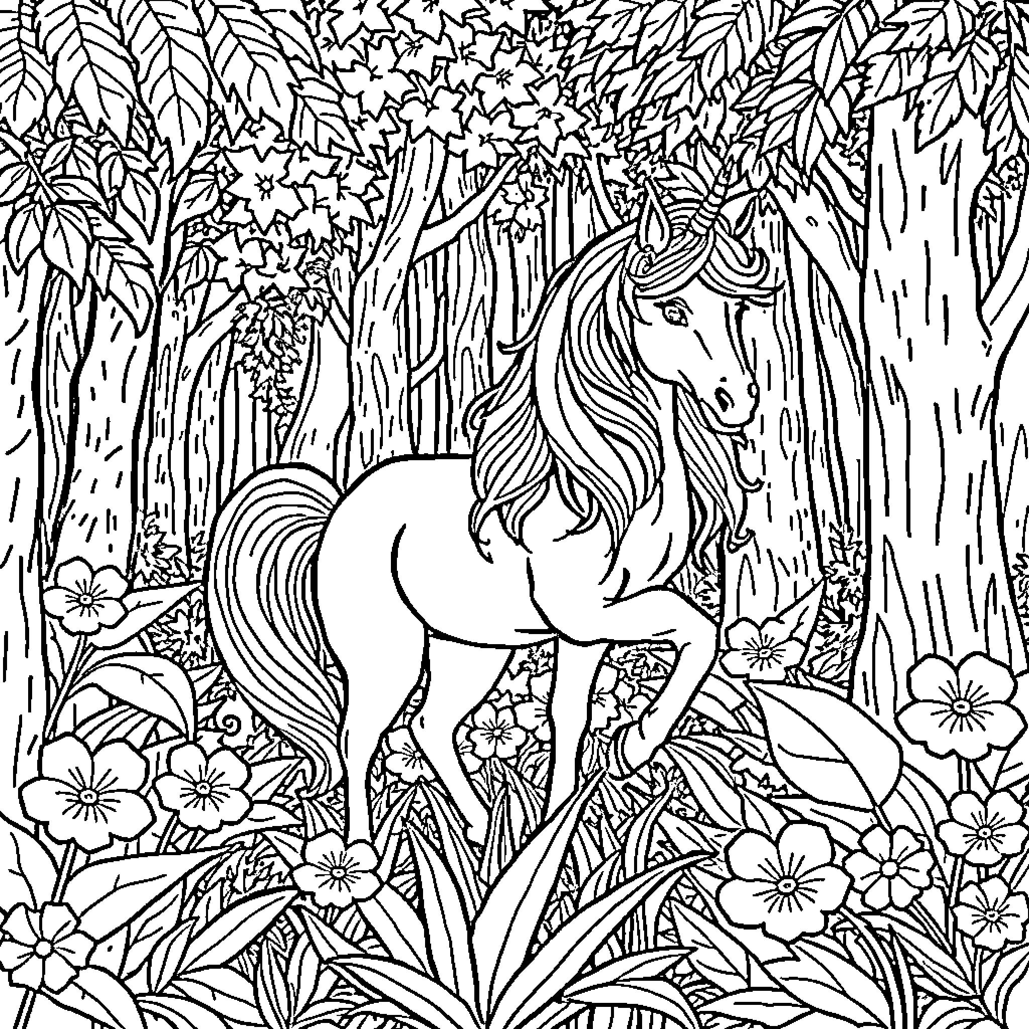 Unicorn standing gracefully in a enchanted forest Coloring Page (free black-and-white line drawing printable PDF for all, from beginners to advanced learners, including children, teens, adults, and seniors)