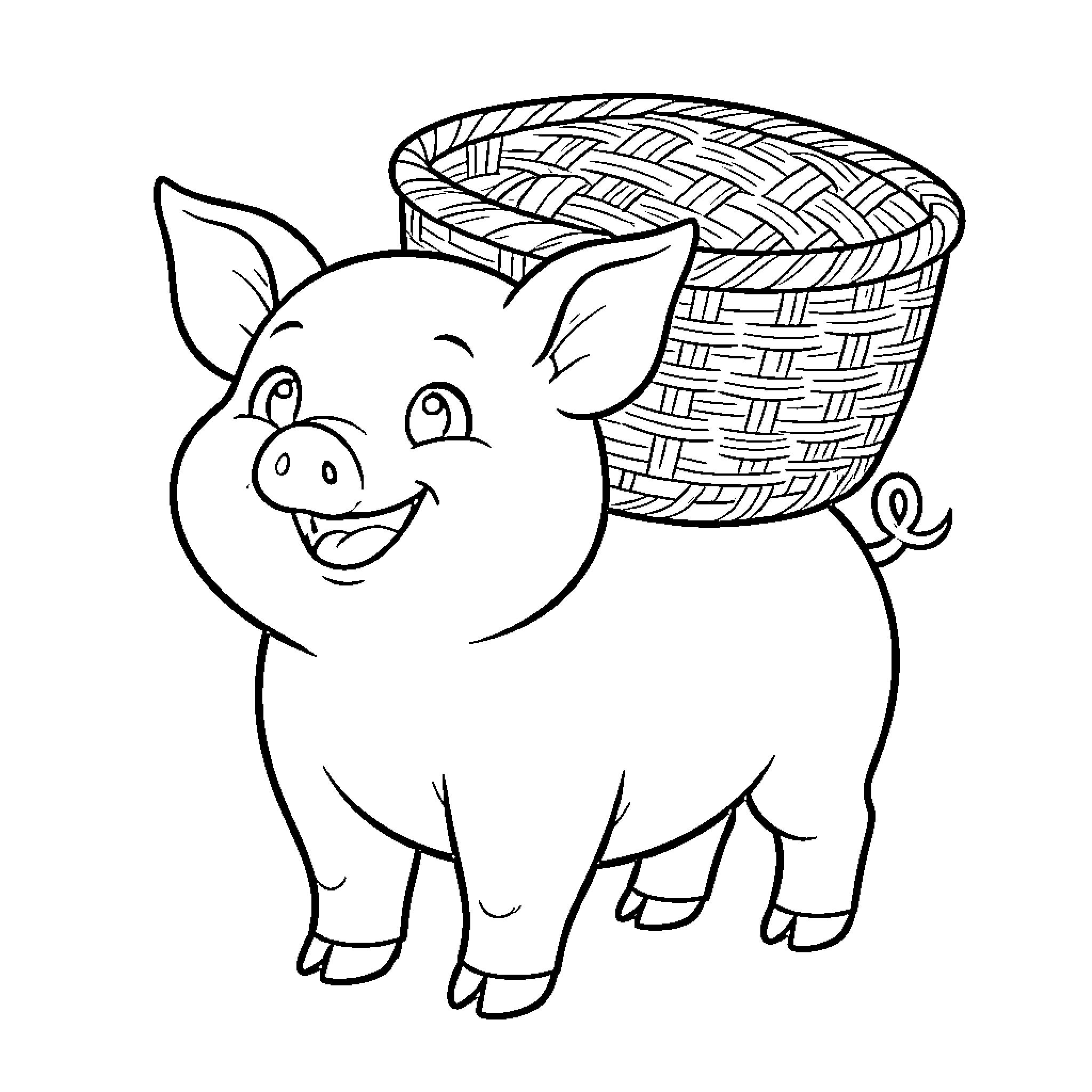 Pig sitting next to a woven basket Coloring Page (free black-and-white line drawing printable PDF for all, from beginners to advanced learners, including children, teens, adults, and seniors)