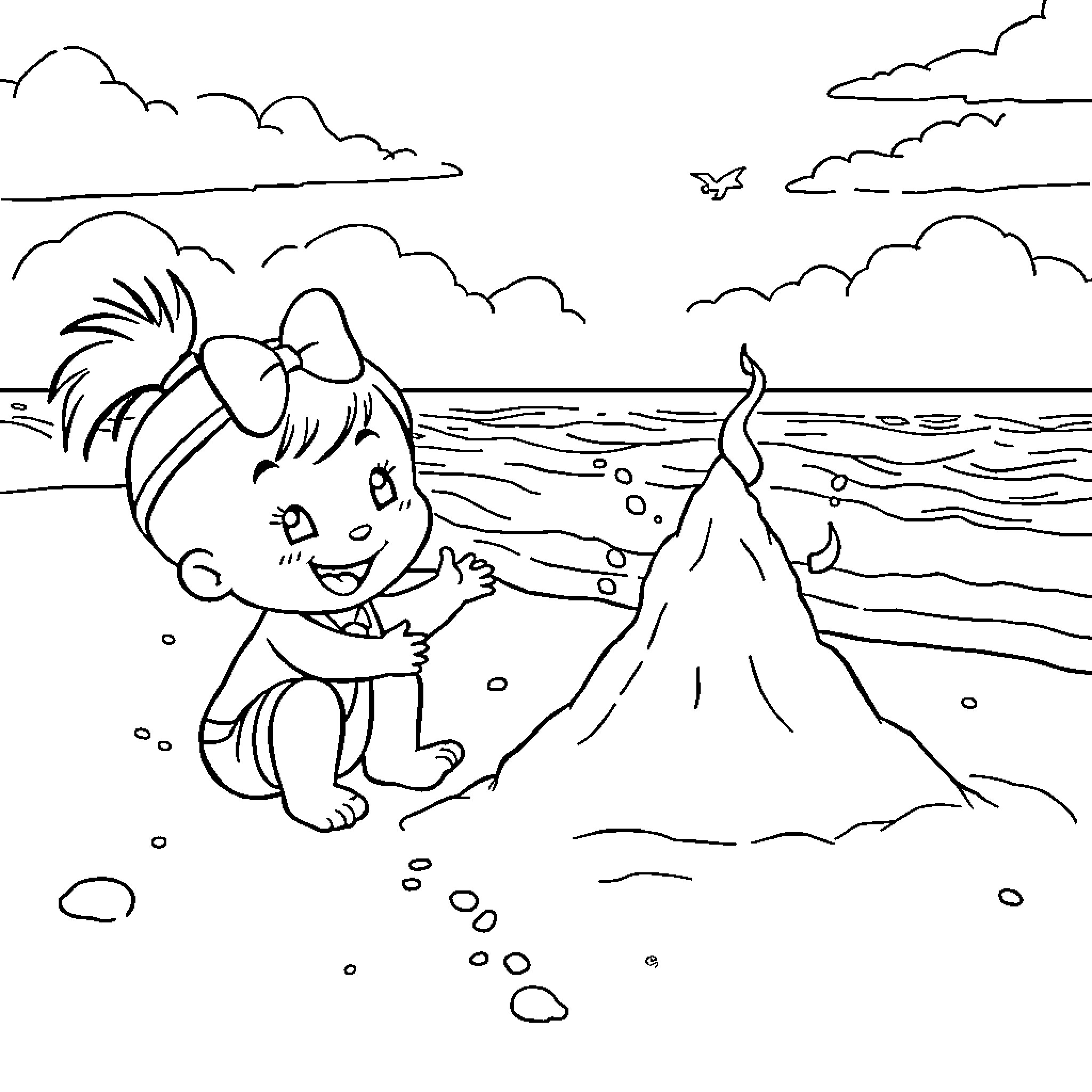 Sprunki playing with sand castle on beach Coloring Page (free black-and-white line drawing printable PDF for all, from beginners to advanced learners, including children, teens, adults, and seniors)