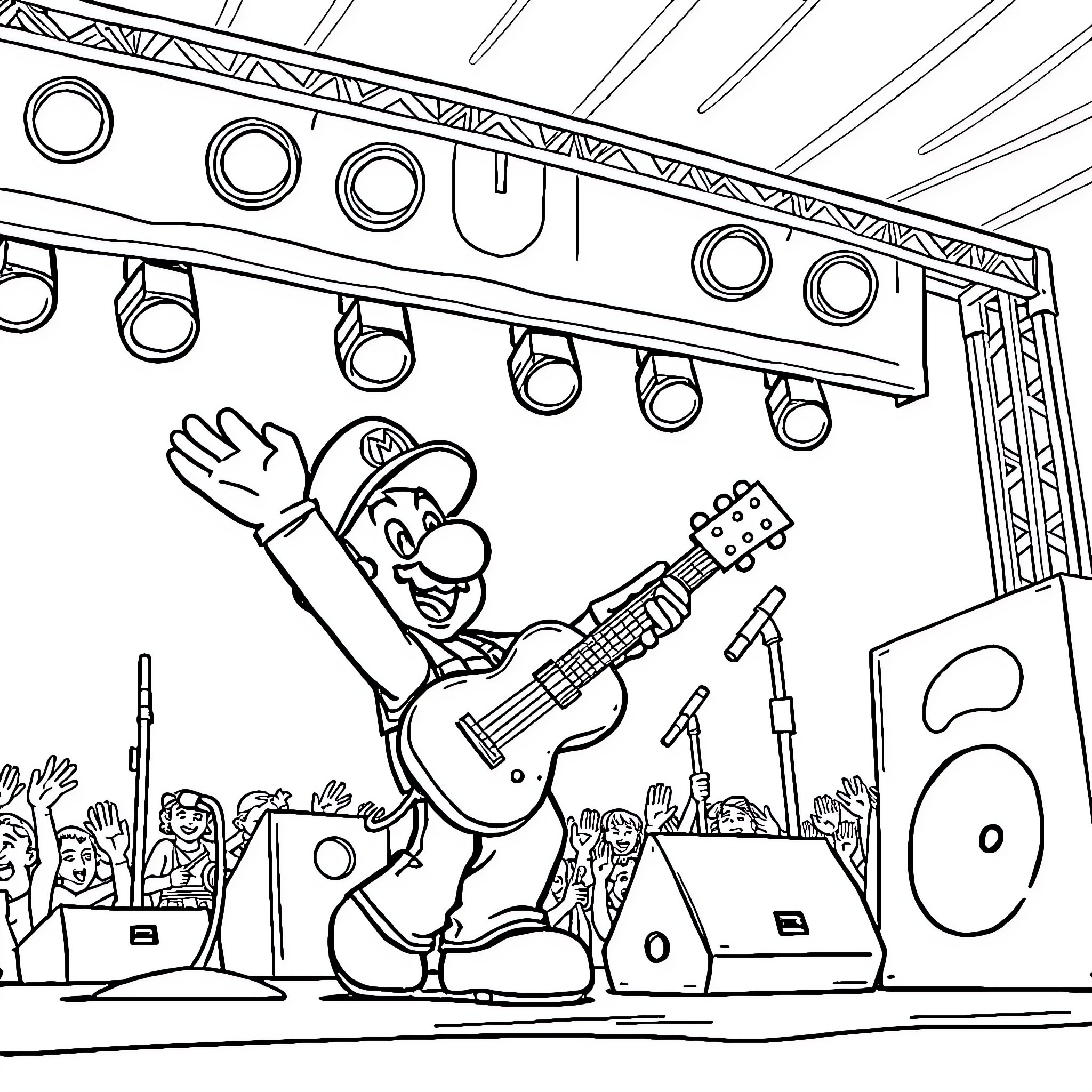 Mario Performing on a Concert Stage Coloring Page (free black-and-white line drawing printable PDF for all, from beginners to advanced learners, including children, teens, adults, and seniors)