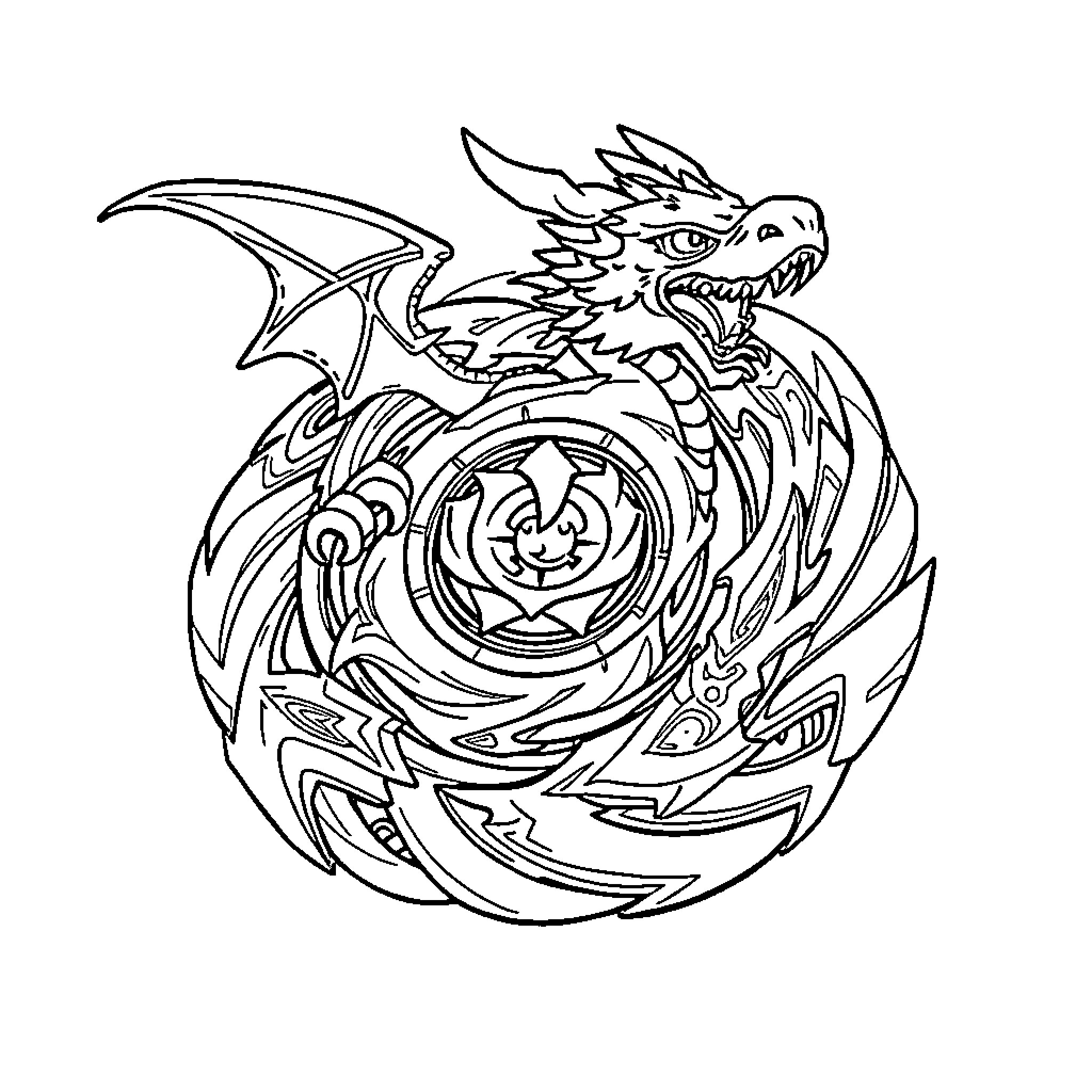 Beyblade: Fierce Dragon Spinning Battle Coloring Page (free black-and-white line drawing printable PDF for all, from beginners to advanced learners, including children, teens, adults, and seniors)