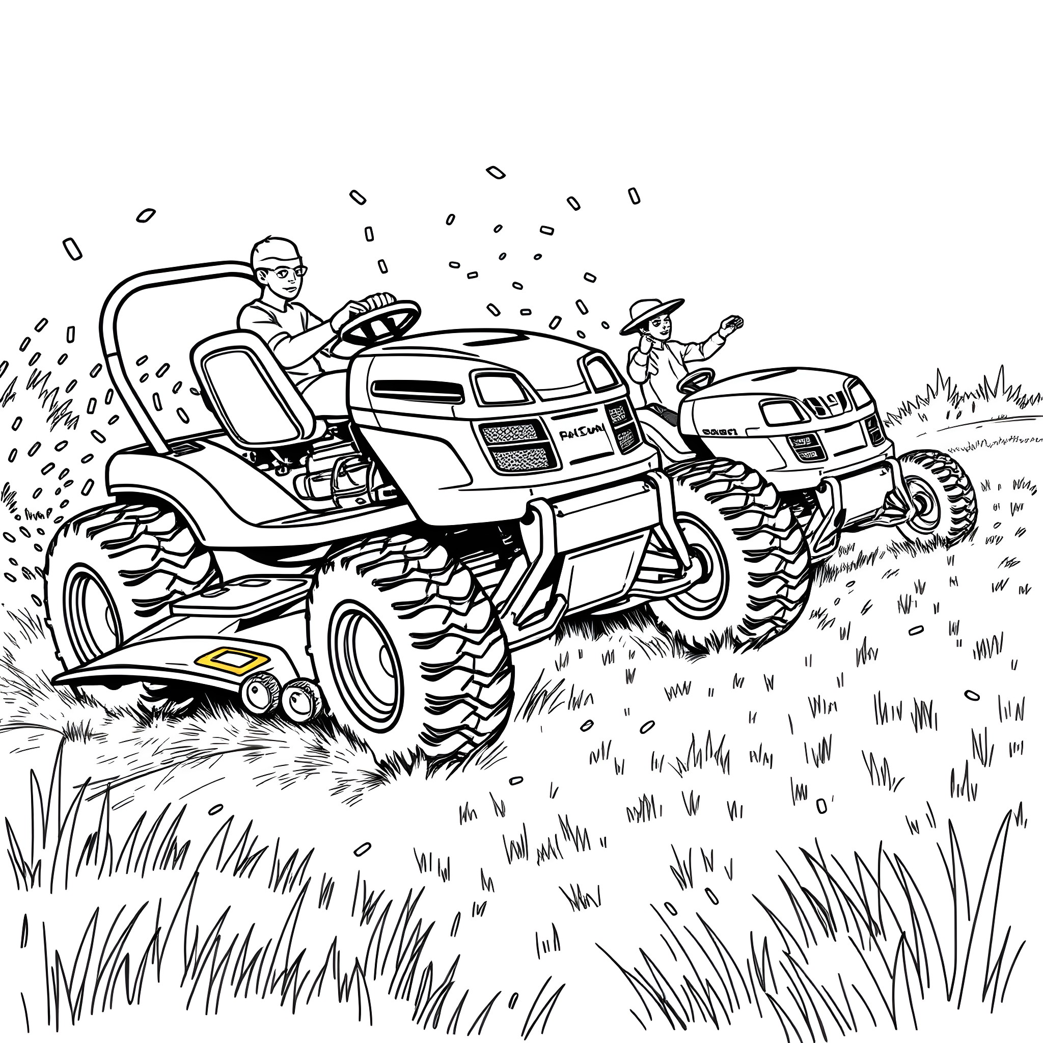 Lawnmower Racing Through Grassy Field Coloring Page (free black-and-white line drawing printable PDF for all, from beginners to advanced learners, including children, teens, adults, and seniors)
