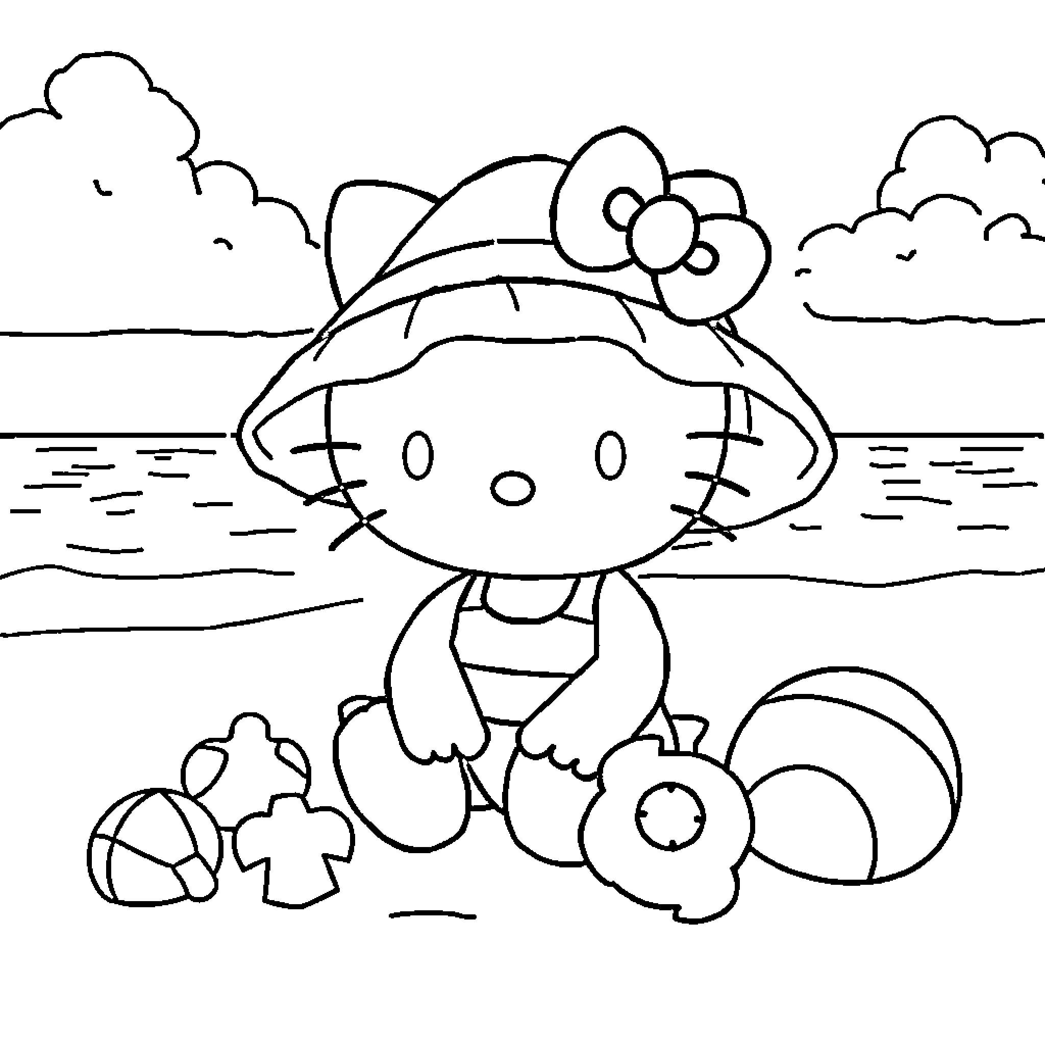 Hello Kitty playing at the beach Coloring Page (free black-and-white line drawing printable PDF for all, from beginners to advanced learners, including children, teens, adults, and seniors)