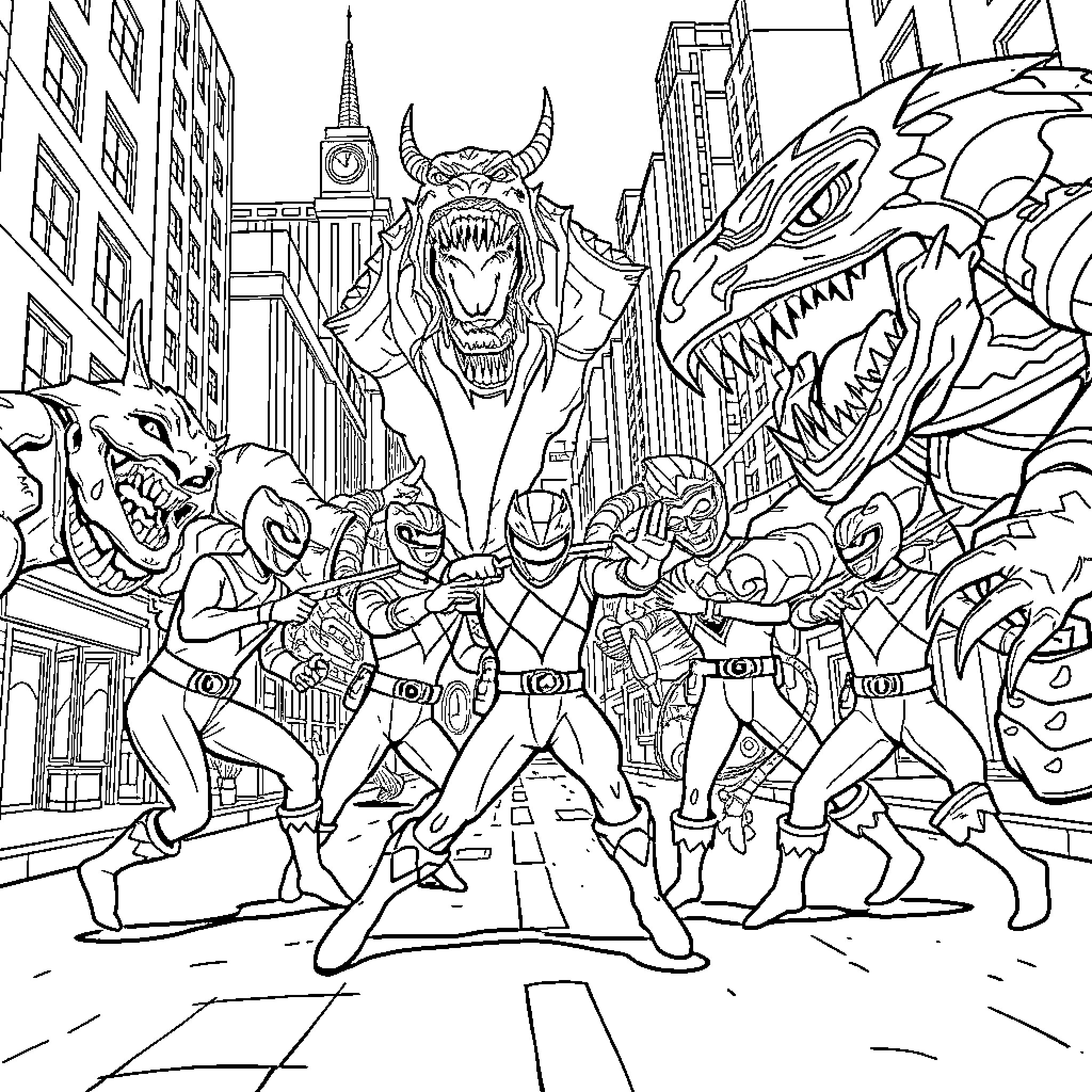 Power Rangers Battling Mighty Monsters in the City Coloring Page (free black-and-white line drawing printable PDF for all, from beginners to advanced learners, including children, teens, adults, and seniors)