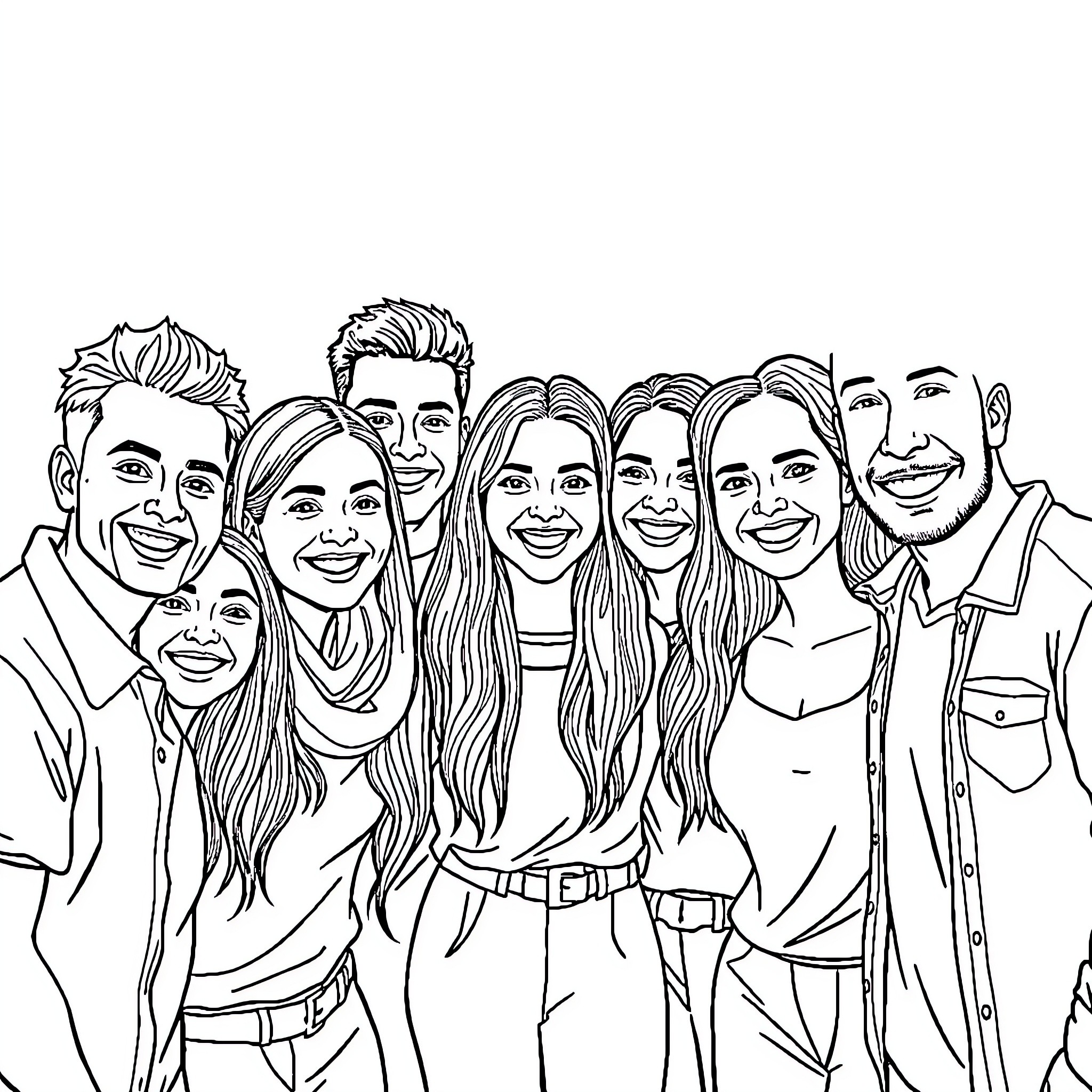 Photo of a group of happy people smiling together Coloring Page (free black-and-white line drawing printable PDF for all, from beginners to advanced learners, including children, teens, adults, and seniors)