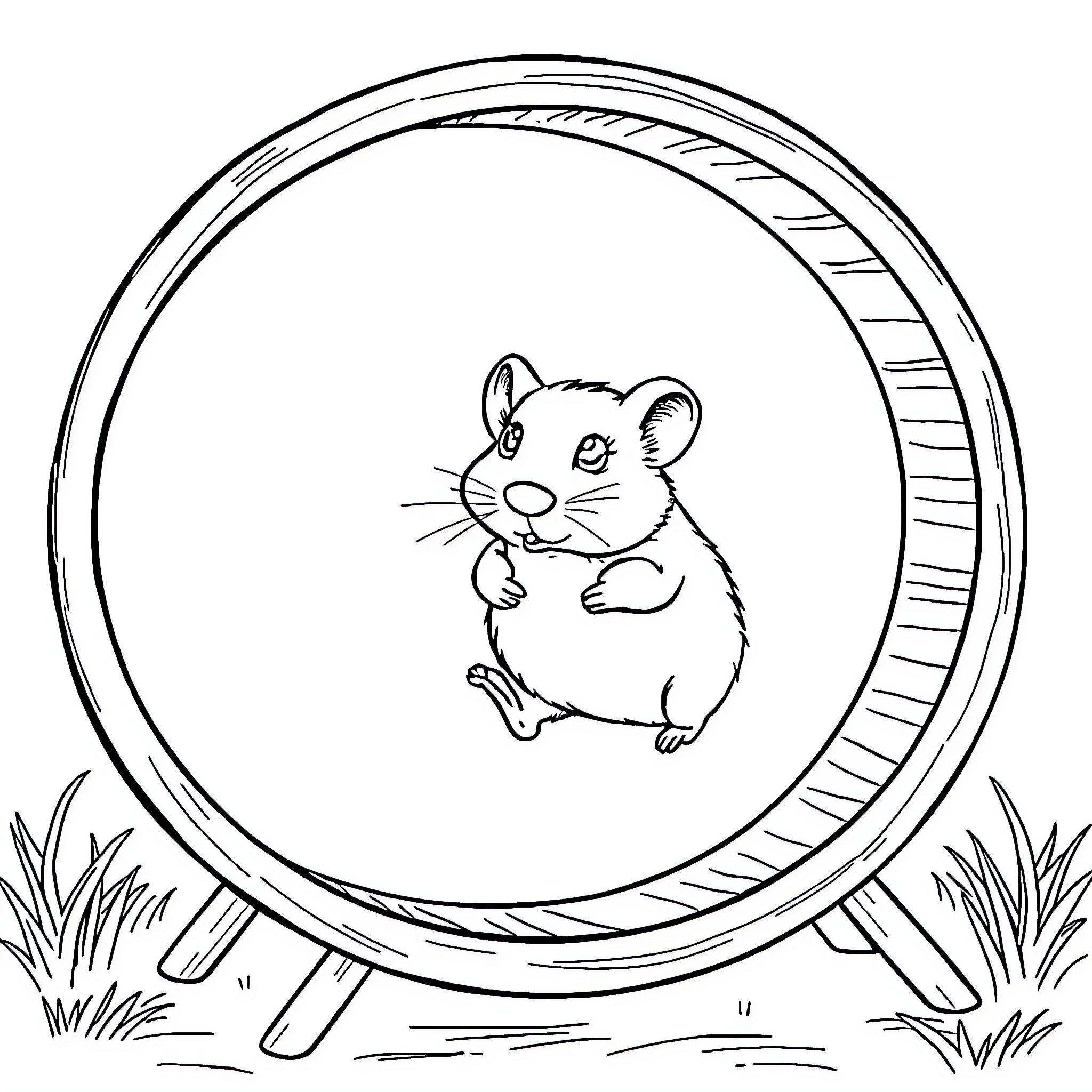 Hamster running happily on exercise wheel Coloring Page (free black-and-white line drawing printable PDF for all, from beginners to advanced learners, including children, teens, adults, and seniors)